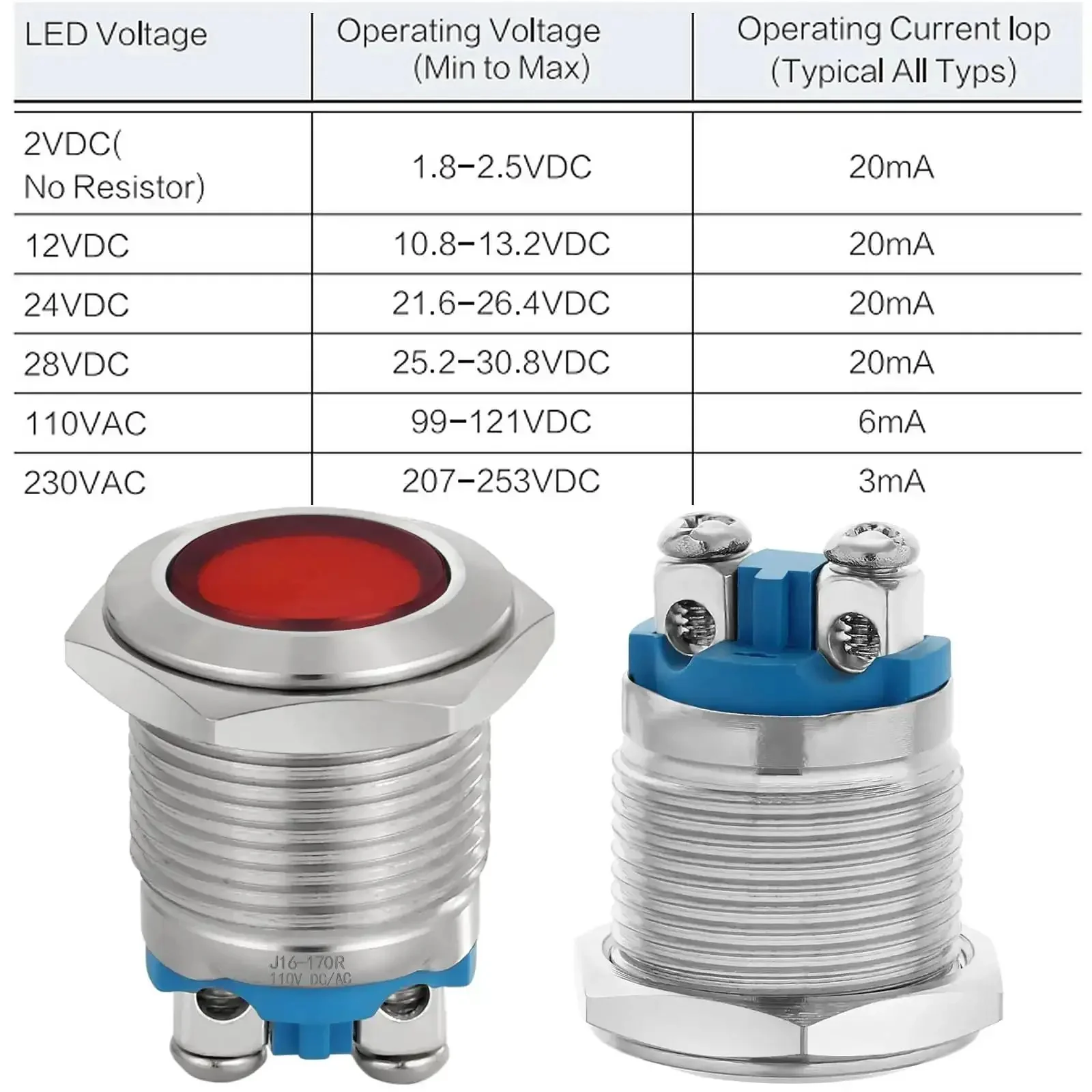 Red And Green LED Indicator Light 16mm Mounting Hole Five Eighths Inch Waterproof Stainless Steel Pilot Panel Lamp 110 To 120 Volt AC DC Two Pack IP67 Rated And Easy Screw Terminal Connection - Image 4
