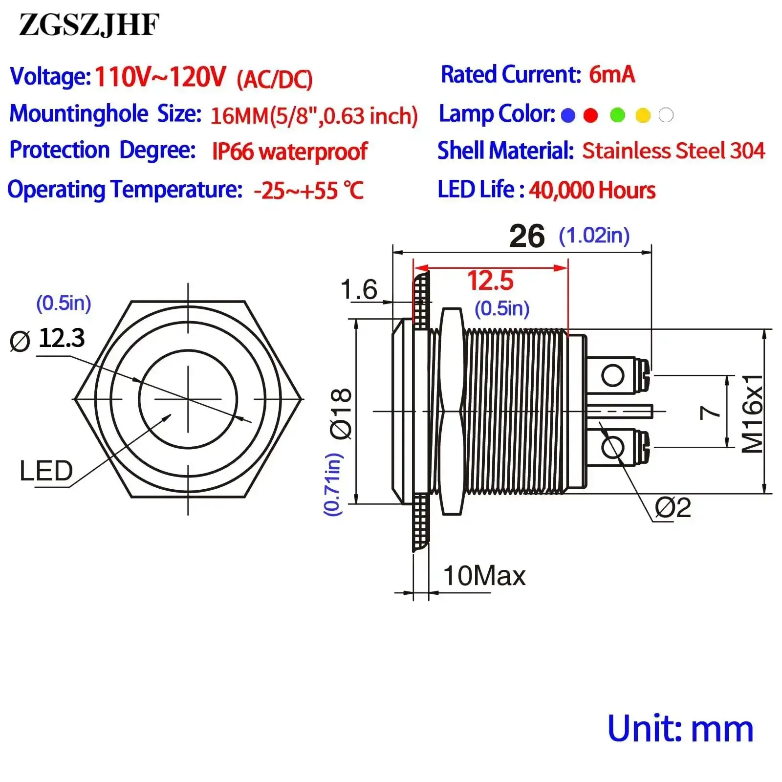 Red And Green LED Indicator Light 16mm Mounting Hole Five Eighths Inch Waterproof Stainless Steel Pilot Panel Lamp 110 To 120 Volt AC DC Two Pack IP67 Rated And Easy Screw Terminal Connection - Image 5