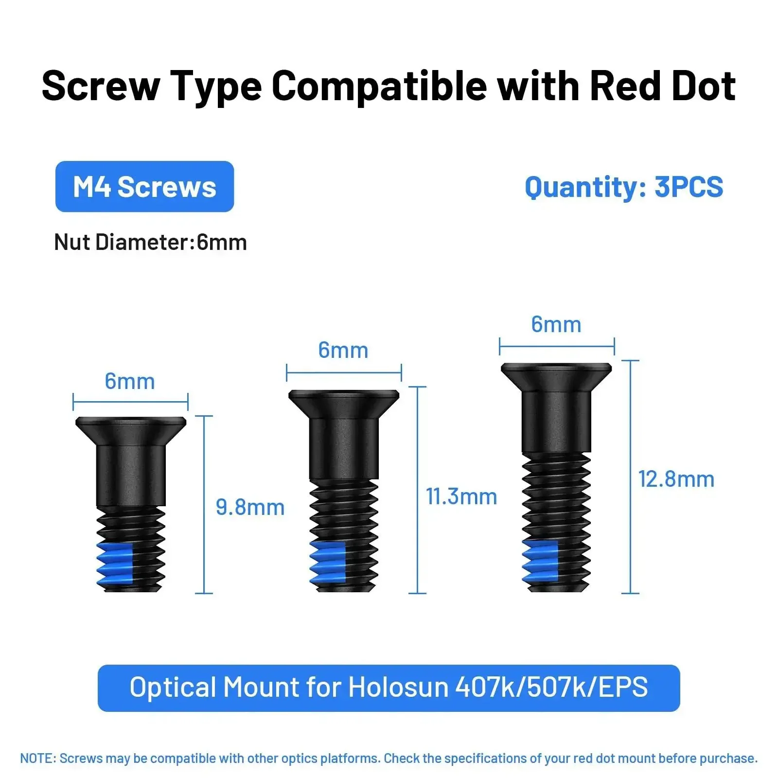 Red Dot Sight Screw Kit For M4 Mounts, 9 Pieces, 6Mm Diameter With 9.8Mm 11.3Mm And 12.8Mm Lengths, Fits Holosun 407K 507K EPS Optics, Stainless Steel Blue Thread Locker, Durable And Easy To Install - Image 6