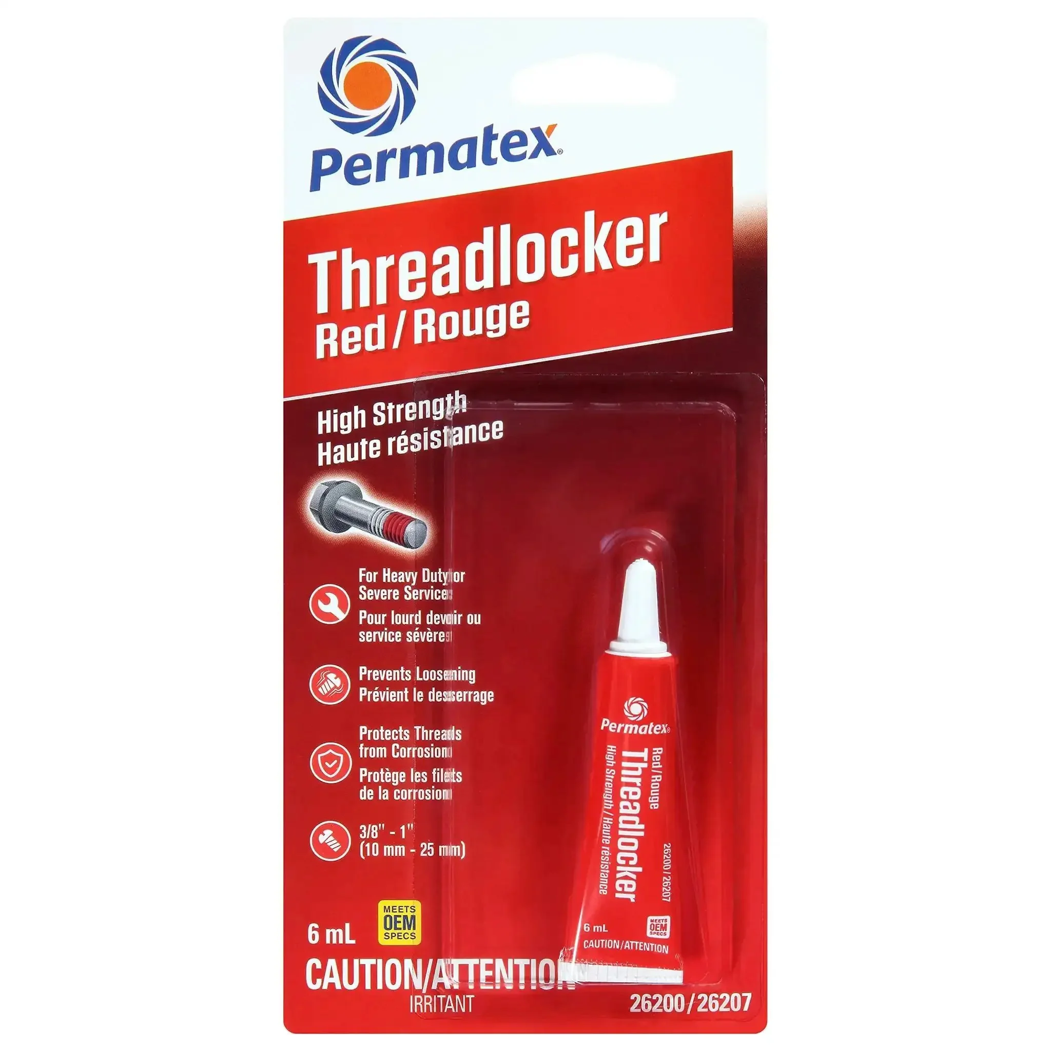 Red High Strength Thread Locker For Heavy Duty From Three Eighths To One Inch Locks Studs And Press Fits Delivers Three Thousand PSI Holding Power To Fight Vibration Loosening And Keep Things Tight For Removable Or Permanent Installations Six Ml Tube