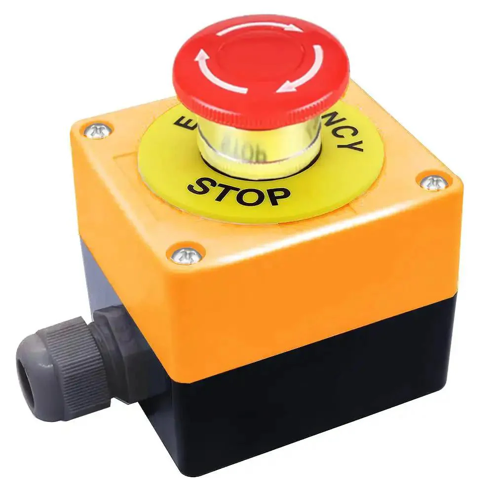 Red IP65 Waterproof Emergency Stop Push Button Switch With 1 NO 1 NC Contacts, DPST Constricting Action, 660V AC 10A, Quick Stop And Lock Mushroom Button For Workhorse Heavy Duty Machinery Control