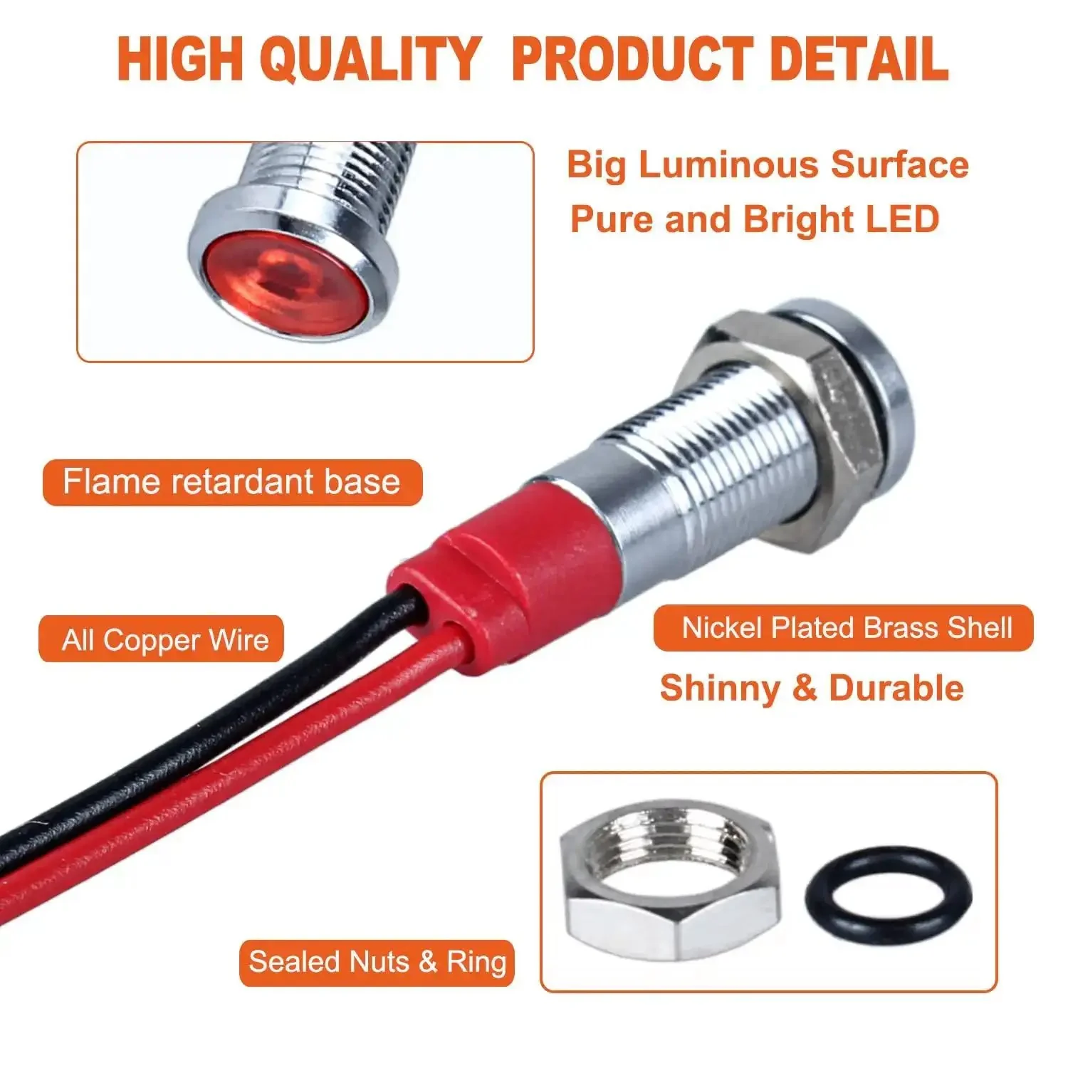 Red LED Indicator Lights 12V To 24V Energy Saving 6mm Metal Waterproof Wide Flat Head Pilot Dash Signal Lamps With Wire Pack Of 10 For Vehicles Machinery And Marine Equipment Plug And Play Easy Install - Image 4
