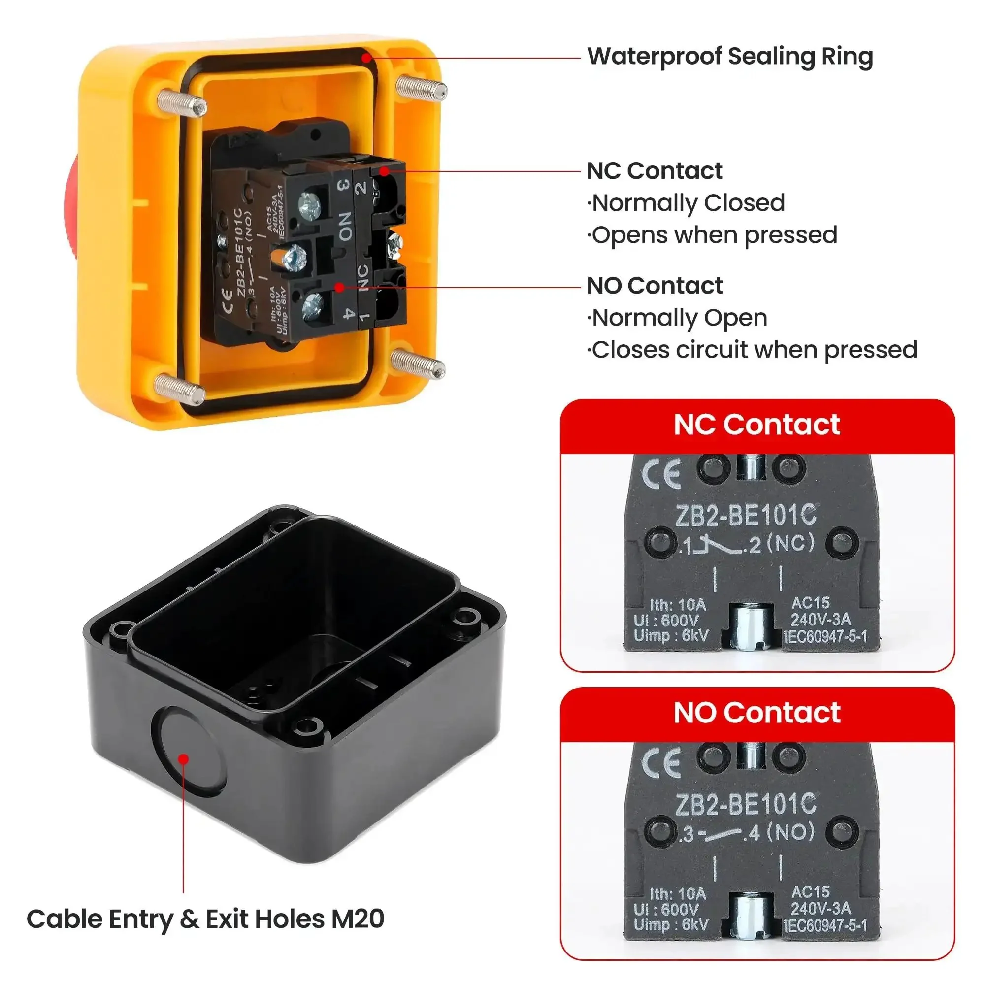 Red Mushroom Head Emergency Stop Push Button Switch With Weatherproof Enclosure, 660V 10A, IP65 Industrial E Stop, 1NO1NC, Instant Power Cutoff, Twist To Reset, Built For Rough Environments And Quick Shutdown - Image 3