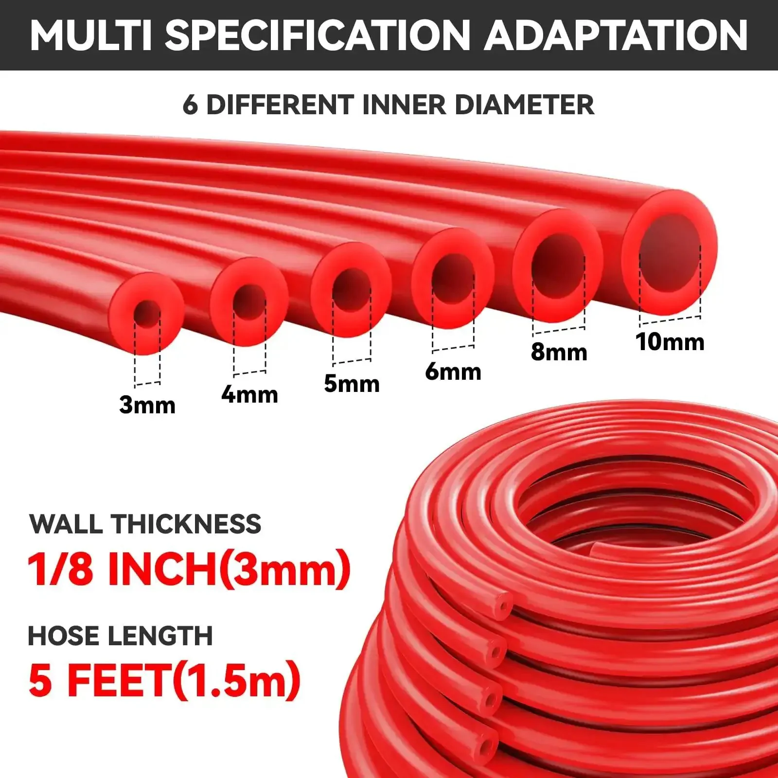 Red Silicone Vacuum Hose Kit 6 Piece Multi Size Tubing Set With One Eighth Inch To Three Eighths Inch For Auto Engine Air And Water Applications Durable Heat Resistant Flexible Rubber Hoses - Image 7