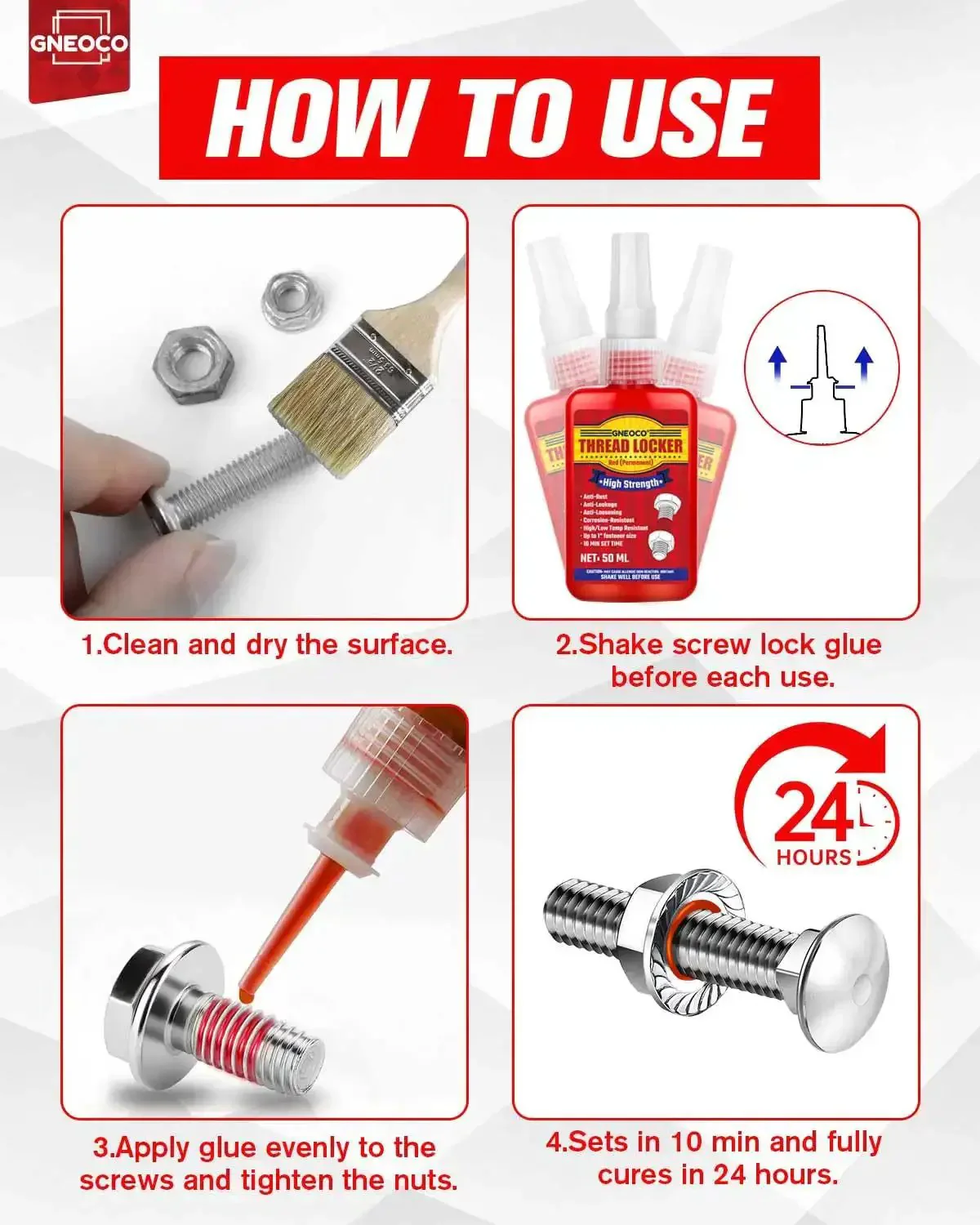Red Thread Locker High Strength Threadlocker For Nuts Bolts And Fasteners Permanent Anaerobic Glue For Automotive And Machinery 50 Ml Keeps Fasteners Locked Tight Against Vibration And Thermal Cycling - Image 5