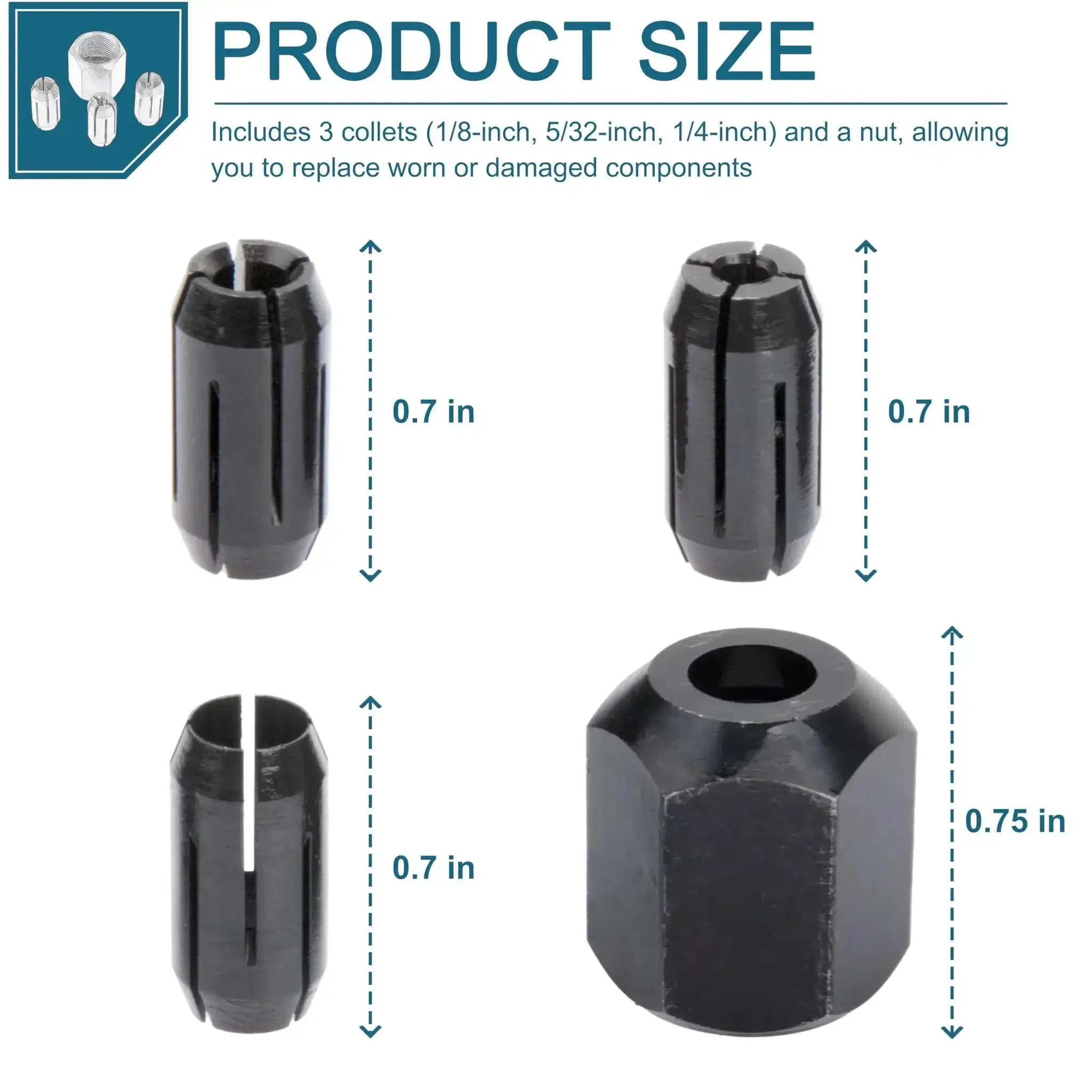 Replacement Collet And Nut Kit For RotoZip Spiral Saw Tools And Drywall Routers Includes One Eighth Inch Collet One Five Thirty Second Inch Collet And One Quarter Inch Collet With Nut - Image 3