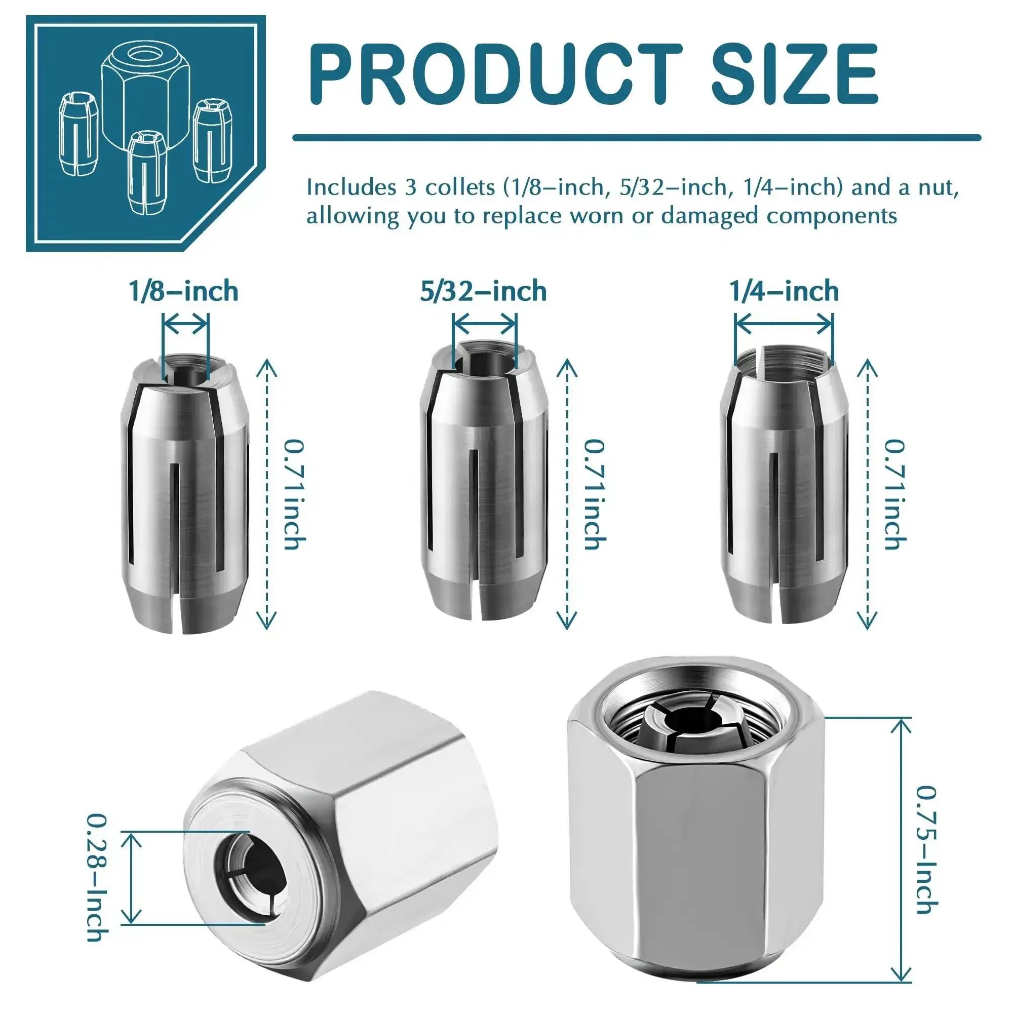 Replacement Collet And Nut Kit For Spiral Saws And Drywall Cutout Tools Works With CN1 And DEWALT Tools Includes One Eighth Inch One Thirty Second Inch And One Quarter Inch Collets And One Nut Silver Finish Quick Fit For DIY And Pros - Image 6