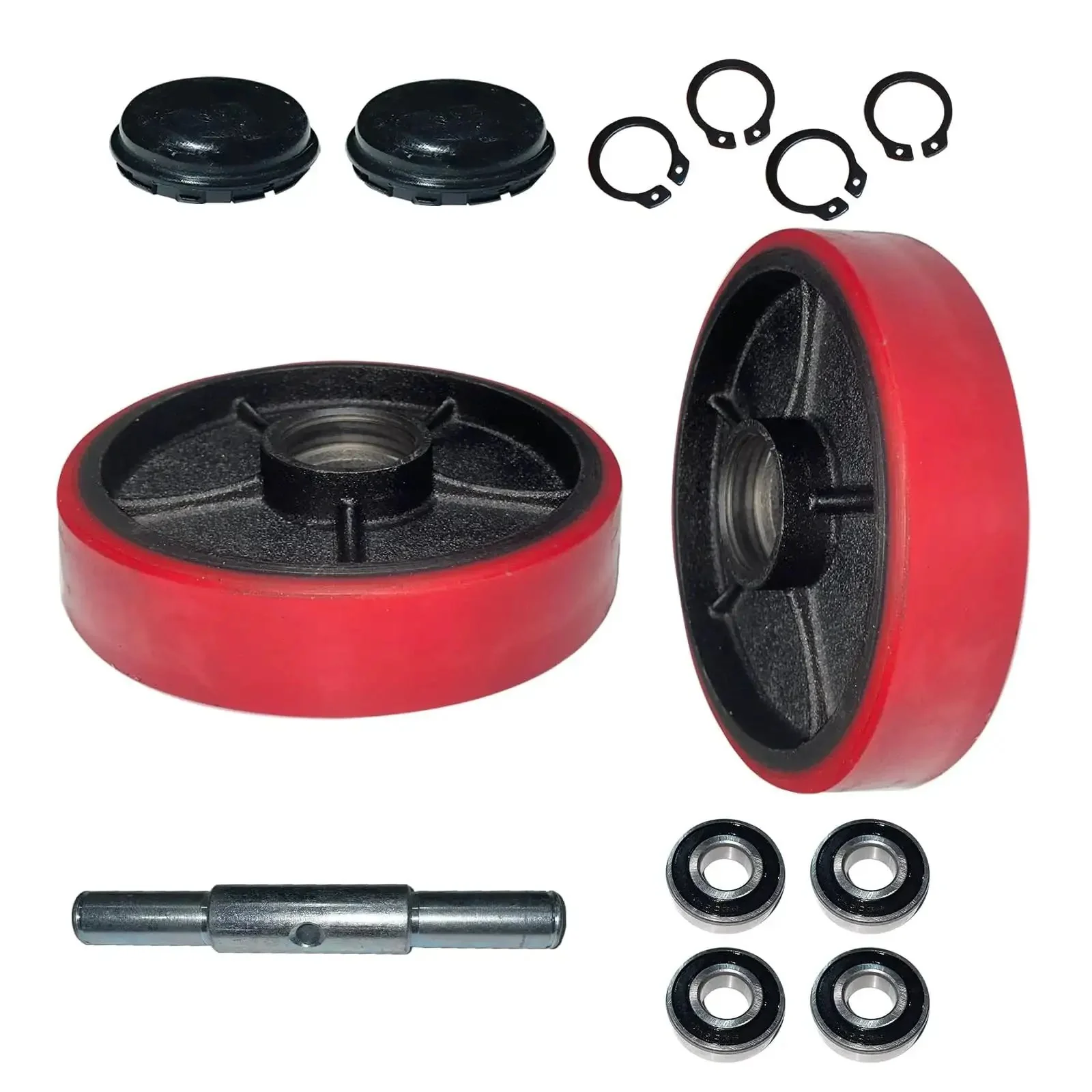 Replacement Pallet Jack Wheel Set 7x2 Inch Red Polyurethane Rollers Pair For Manual Pallet Trucks With 6204 Bearings 20mm ID 47mm OD Two Inch Hub Length