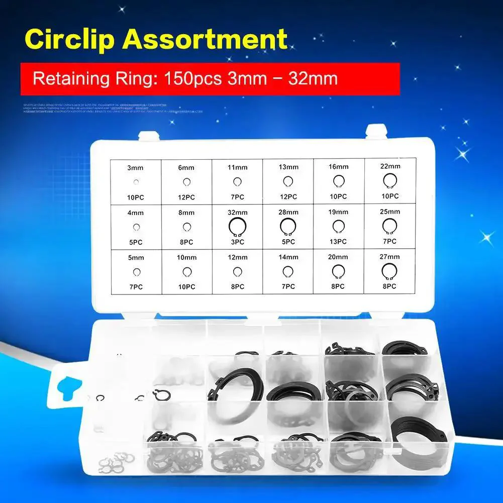 Retaining Ring Circlip Kit With 18 Sizes And 150 Pieces Boxed Set For Easy Secure Snap Installations And Long Lasting Metal Wear Resistant Performance - Image 5