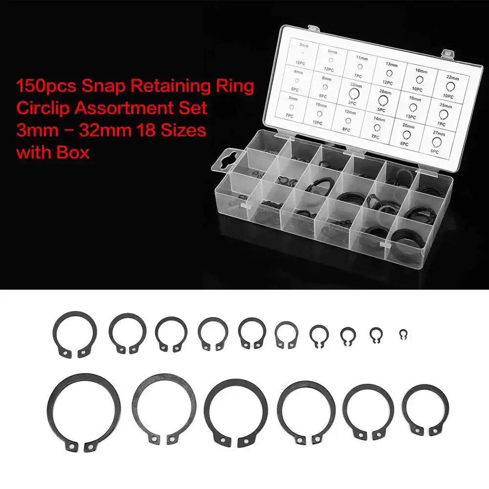Retaining Ring Circlip Kit With 18 Sizes And 150 Pieces Boxed Set For Easy Secure Snap Installations And Long Lasting Metal Wear Resistant Performance - Image 8