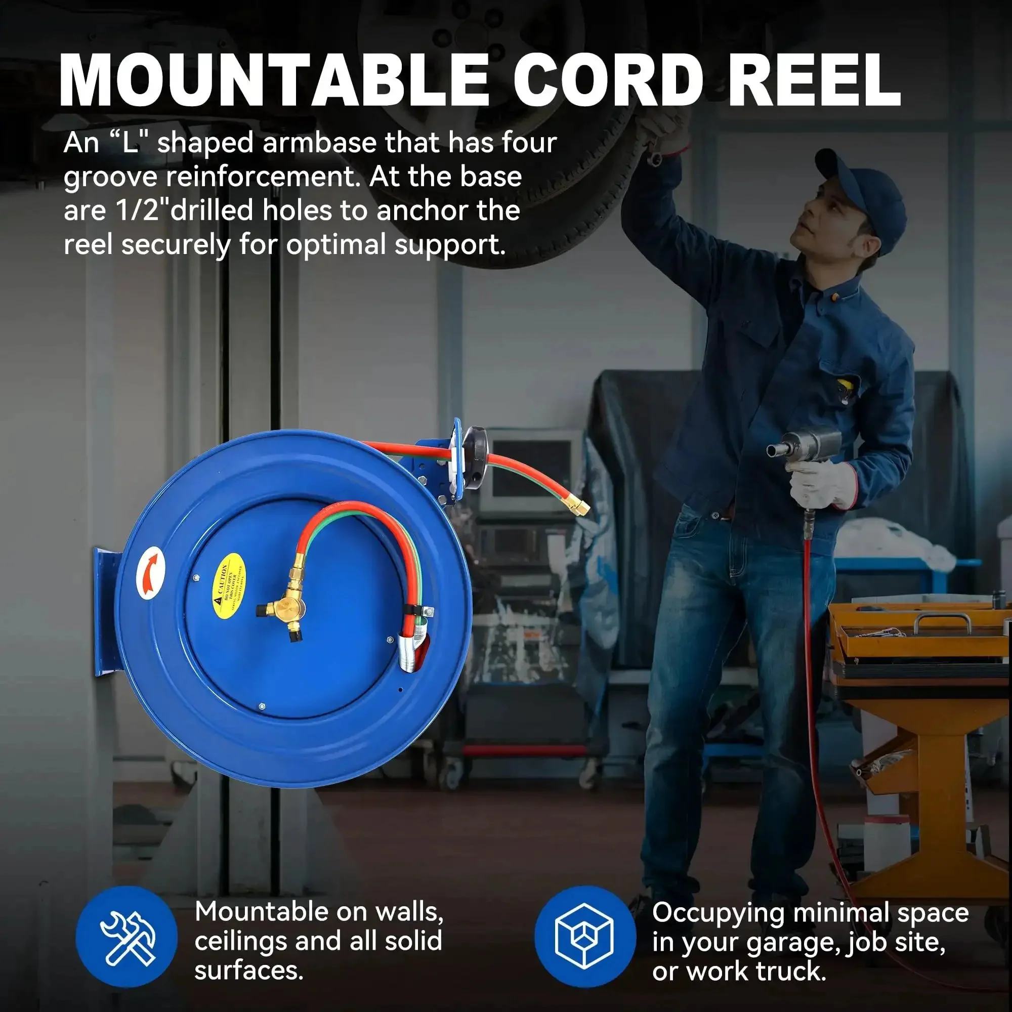 Retractable Welding Hose Reel With One Quarter Inch By One Hundred Foot Twin Oxygen And Acetylene Rubber Hoses Heavy Duty Industrial Standard Duty 200 PSI Single Arm Construction - Image 5