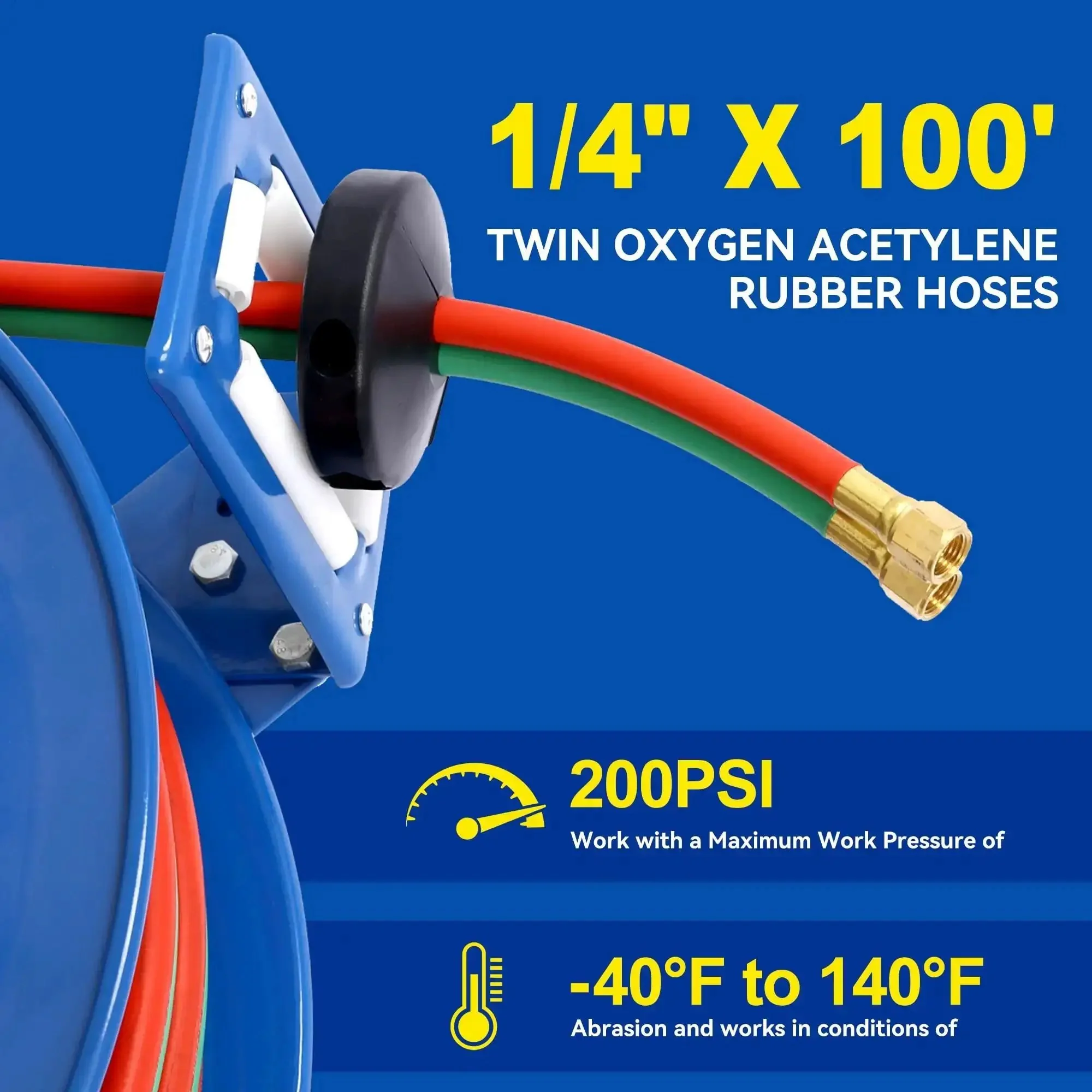 Retractable Welding Hose Reel With One Quarter Inch By One Hundred Foot Twin Oxygen And Acetylene Rubber Hoses Heavy Duty Industrial Standard Duty 200 PSI Single Arm Construction - Image 8