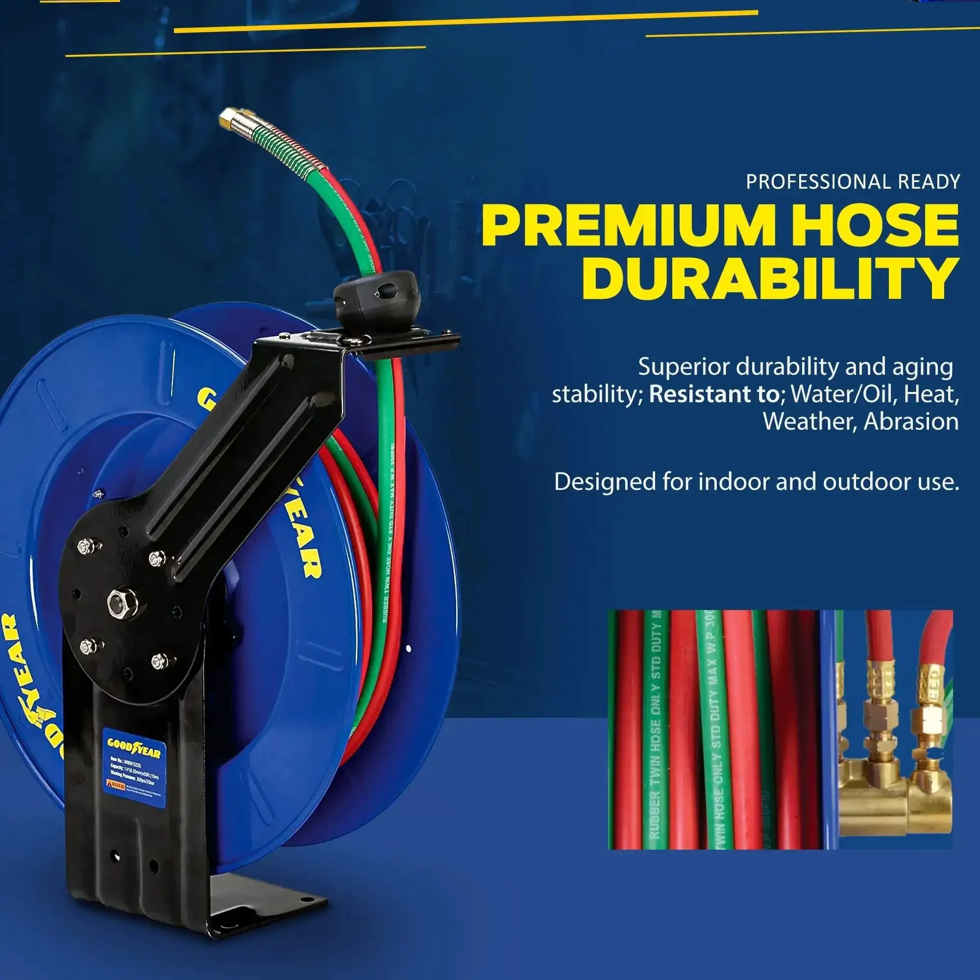 Retractable Welding Hose Reel With Twin Oxygen And Acetylene Rubber Hoses Heavy Duty Steel Arm Three Hundred PSI Rating Quarter Inch By Fifty Foot Industrial Standard Duty - Image 4