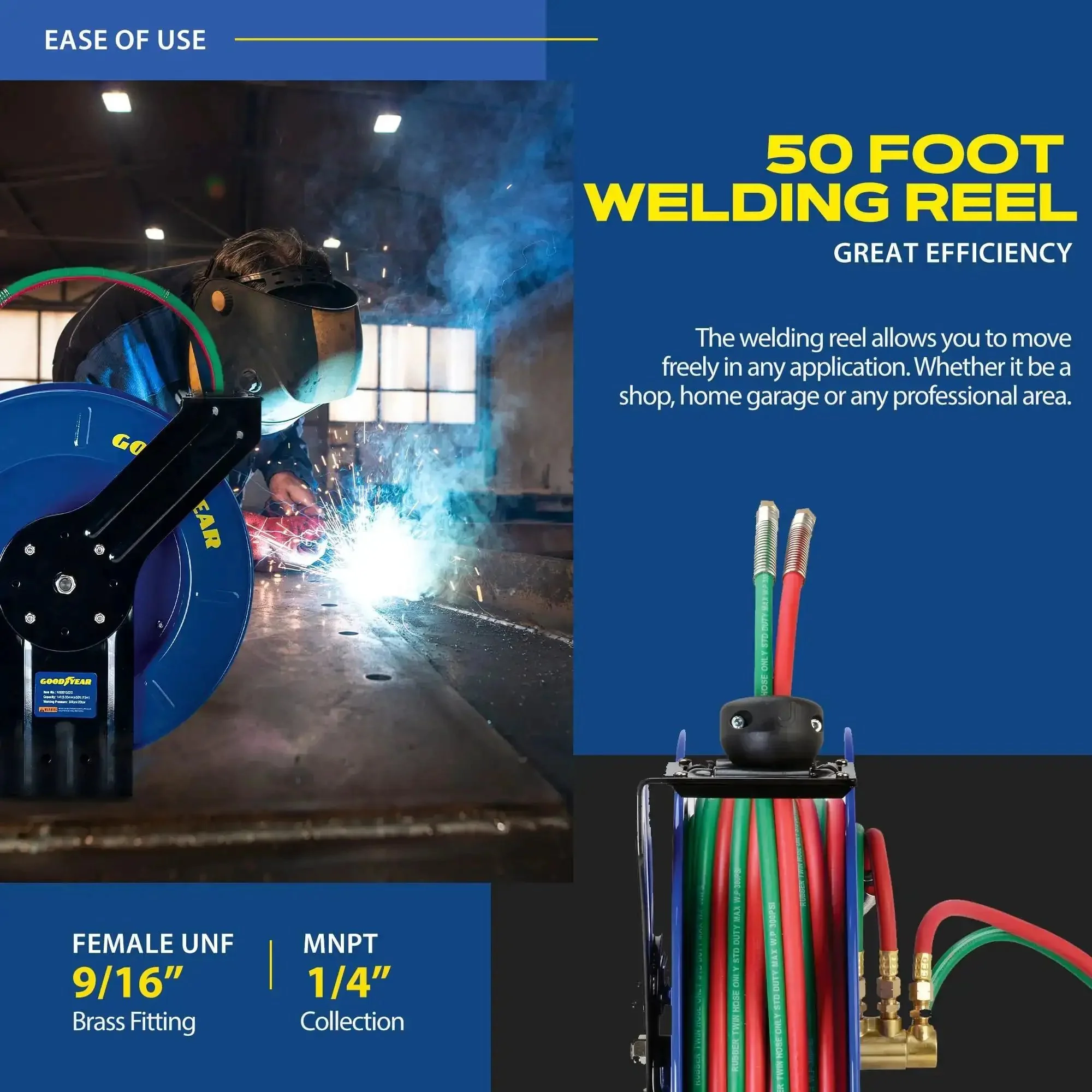 Retractable Welding Hose Reel With Twin Oxygen And Acetylene Rubber Hoses Heavy Duty Steel Arm Three Hundred PSI Rating Quarter Inch By Fifty Foot Industrial Standard Duty - Image 7