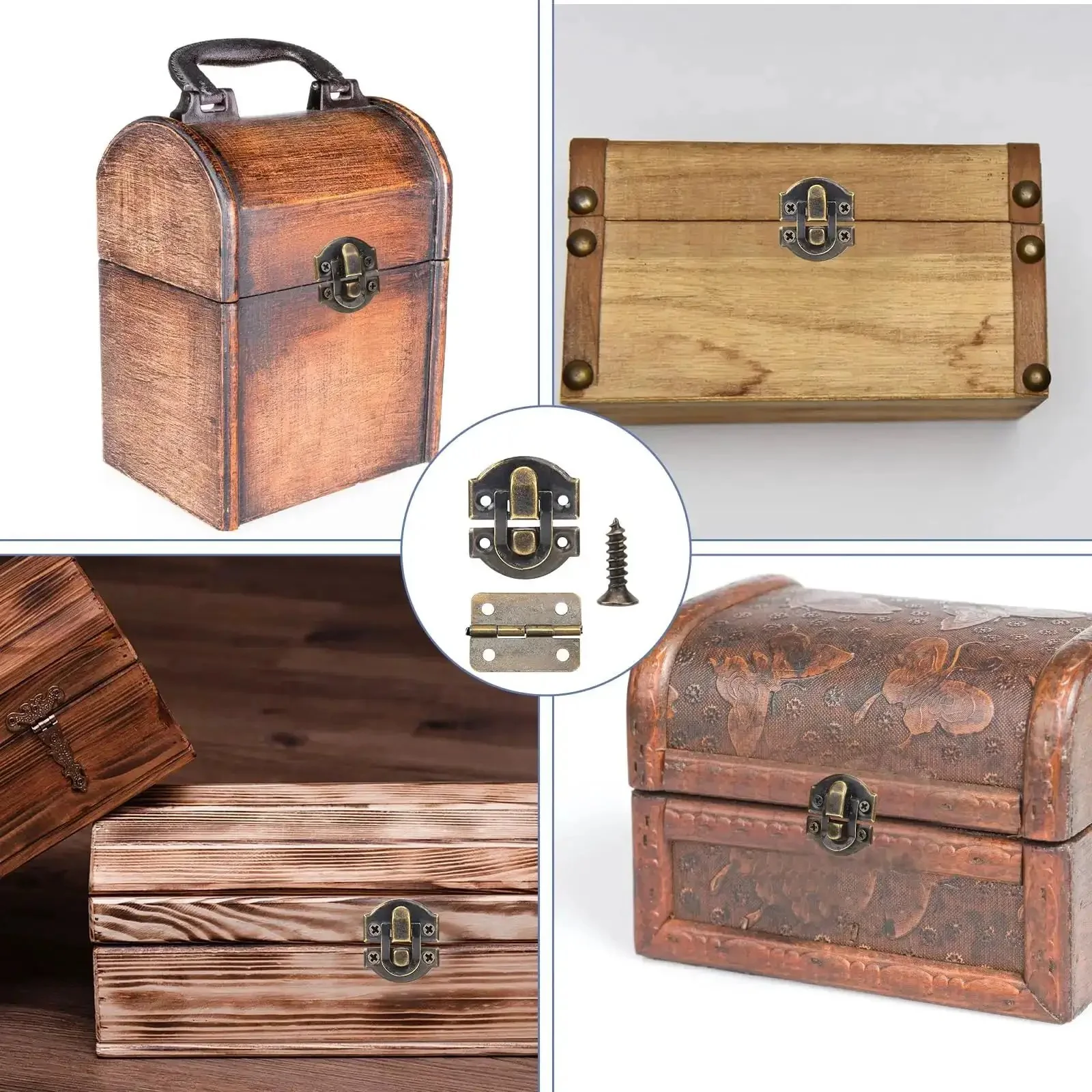 Retro Bronze Box Hinges And Latch Kit With Screws For Jewelry Boxes And Small Cabinets, DIY Craft Set With Two Antique Hasp Latches, Four Small Rectangular Hinges, And 24 Matching Screws For Easy Repair - Image 5