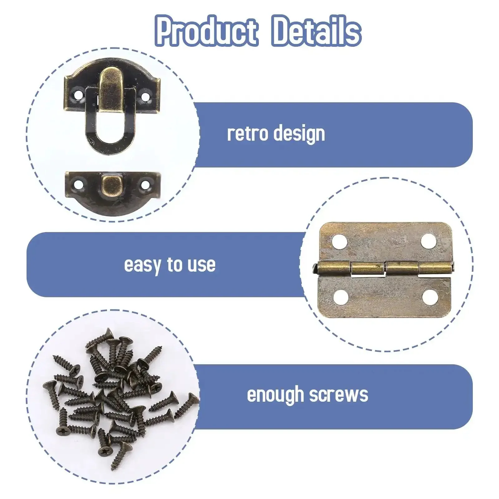 Retro Bronze Box Hinges And Latch Kit With Screws For Jewelry Boxes And Small Cabinets, DIY Craft Set With Two Antique Hasp Latches, Four Small Rectangular Hinges, And 24 Matching Screws For Easy Repair - Image 6
