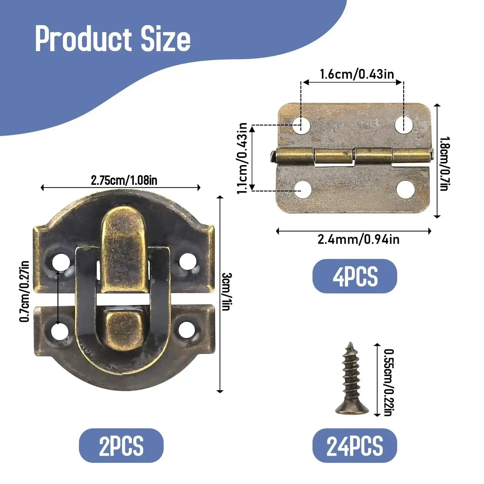 Retro Bronze Box Hinges And Latch Kit With Screws For Jewelry Boxes And Small Cabinets, DIY Craft Set With Two Antique Hasp Latches, Four Small Rectangular Hinges, And 24 Matching Screws For Easy Repair - Image 7