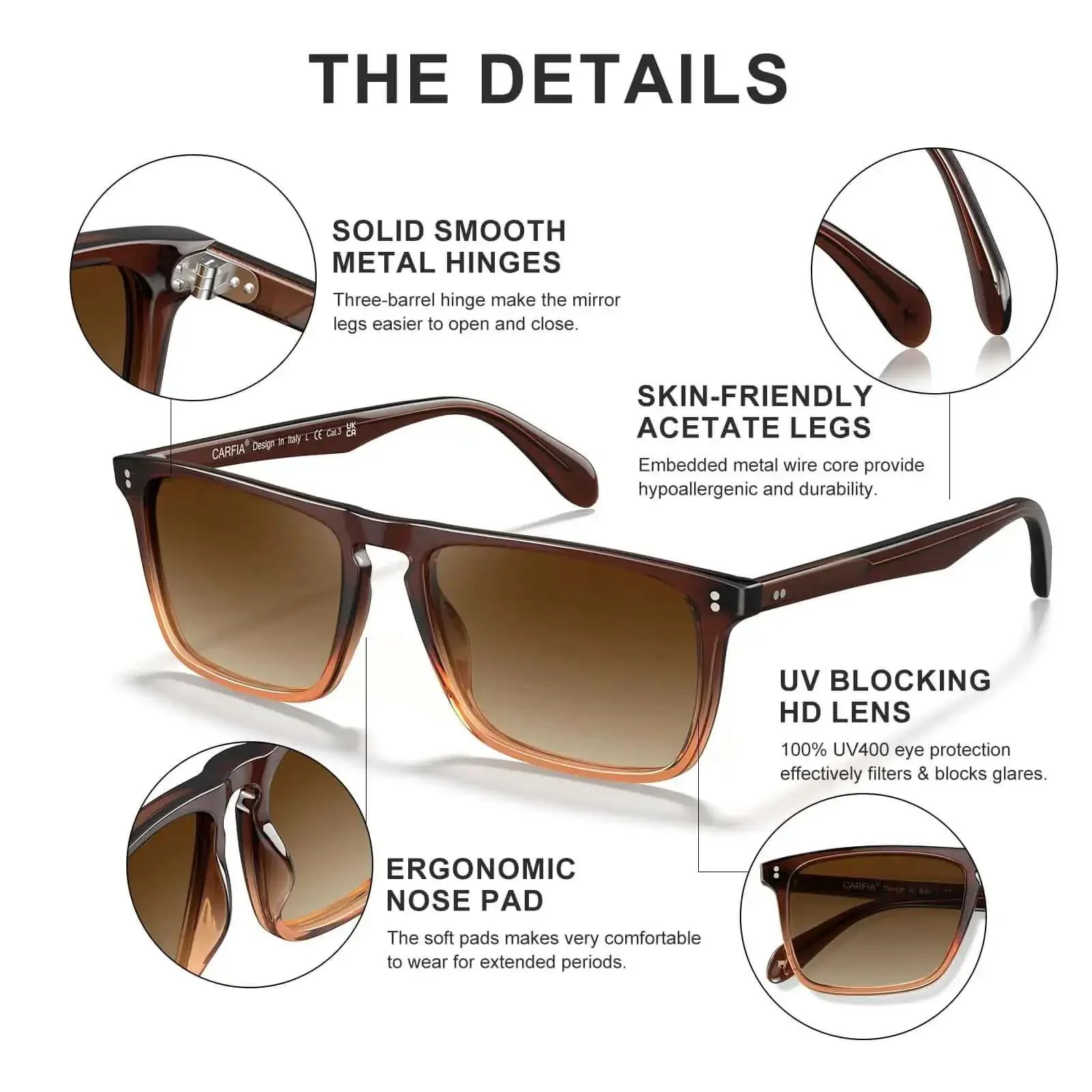 Retro Polarized Sunglasses For Men With UV Protection Dope Hand Crafted Acetate Frame Classic Rectangular Style Fashionable Cool Sun Glasses Crystal Coffee - Image 7