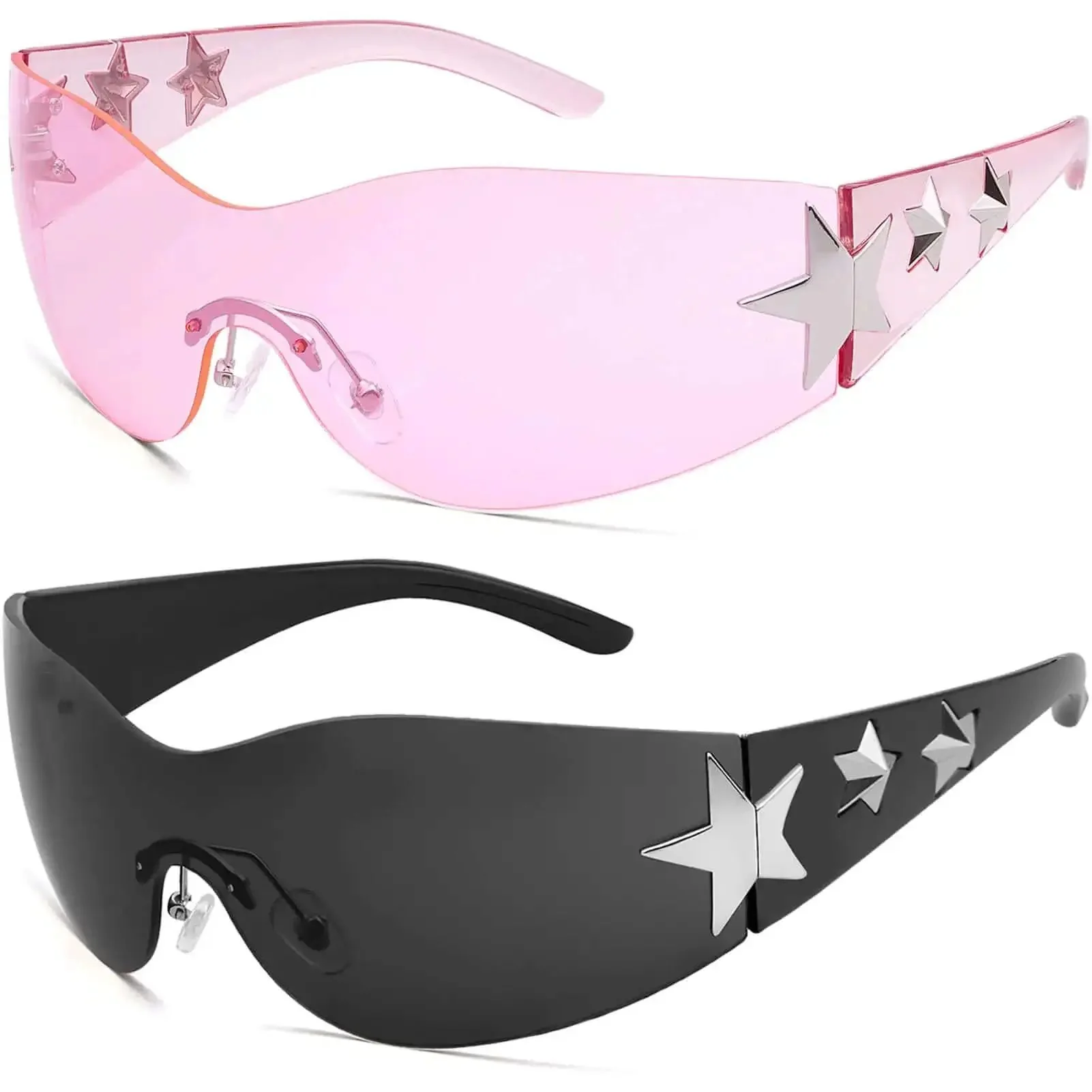 Rimless Y2K Sunglasses With Star Wrap Design UV400 Protection Lightweight PC Frames And Reinforced Hinges Dope Shield Shades For Women And Men Trendy 2000s Fashion Accessory In Black And Pink
