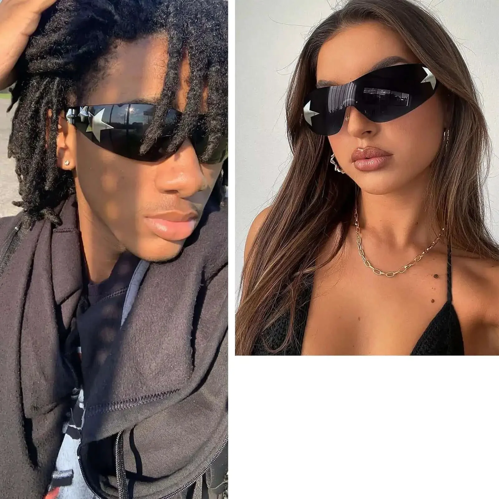 Rimless Y2K Sunglasses With Star Wrap Design UV400 Protection Lightweight PC Frames And Reinforced Hinges Dope Shield Shades For Women And Men Trendy 2000s Fashion Accessory In Black And Pink - Image 6