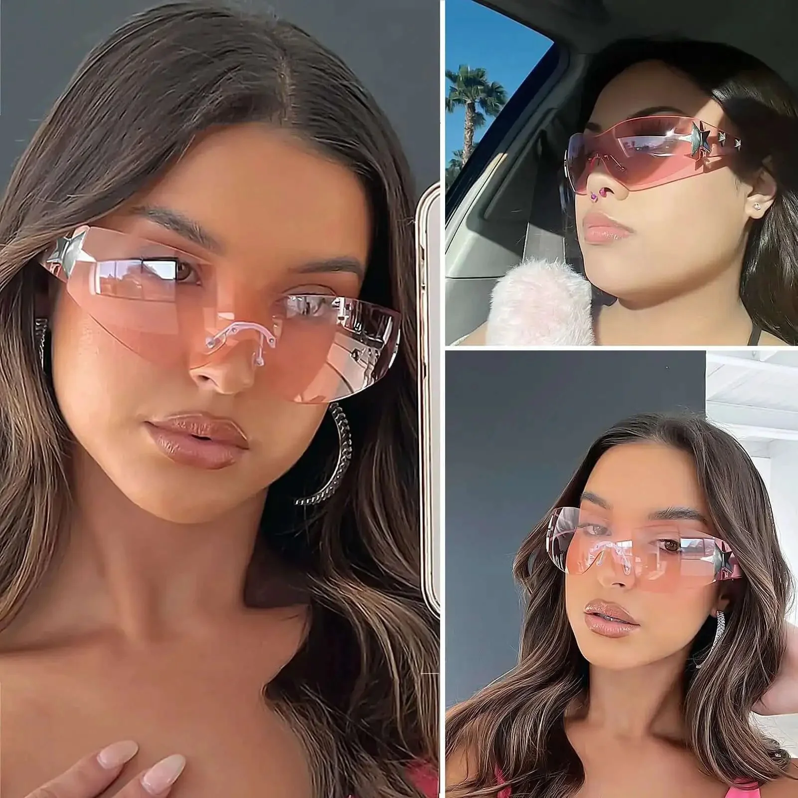 Rimless Y2K Sunglasses With Star Wrap Design UV400 Protection Lightweight PC Frames And Reinforced Hinges Dope Shield Shades For Women And Men Trendy 2000s Fashion Accessory In Black And Pink - Image 7