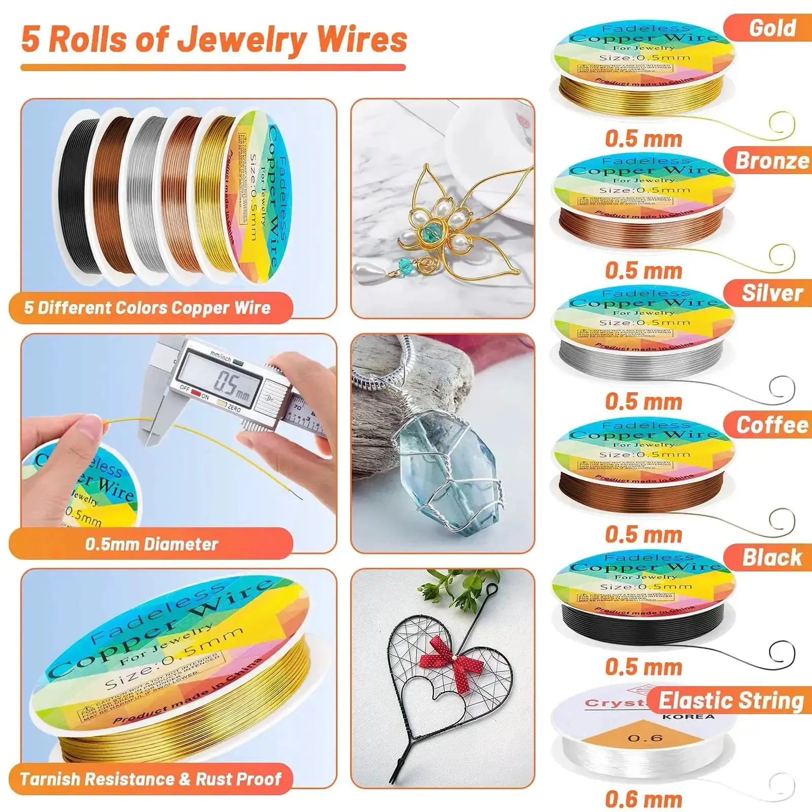 Ring Making Kit With Wire Wrapping Tools And Ring Sizers, Jewelry Craft Supplies Bundle Including Wire, Findings, Pliers, Caliper, Awl, Beading String, Needles, Tweezers, Jump Ring Opener, Tape Measure, Zip Pouch - Image 6