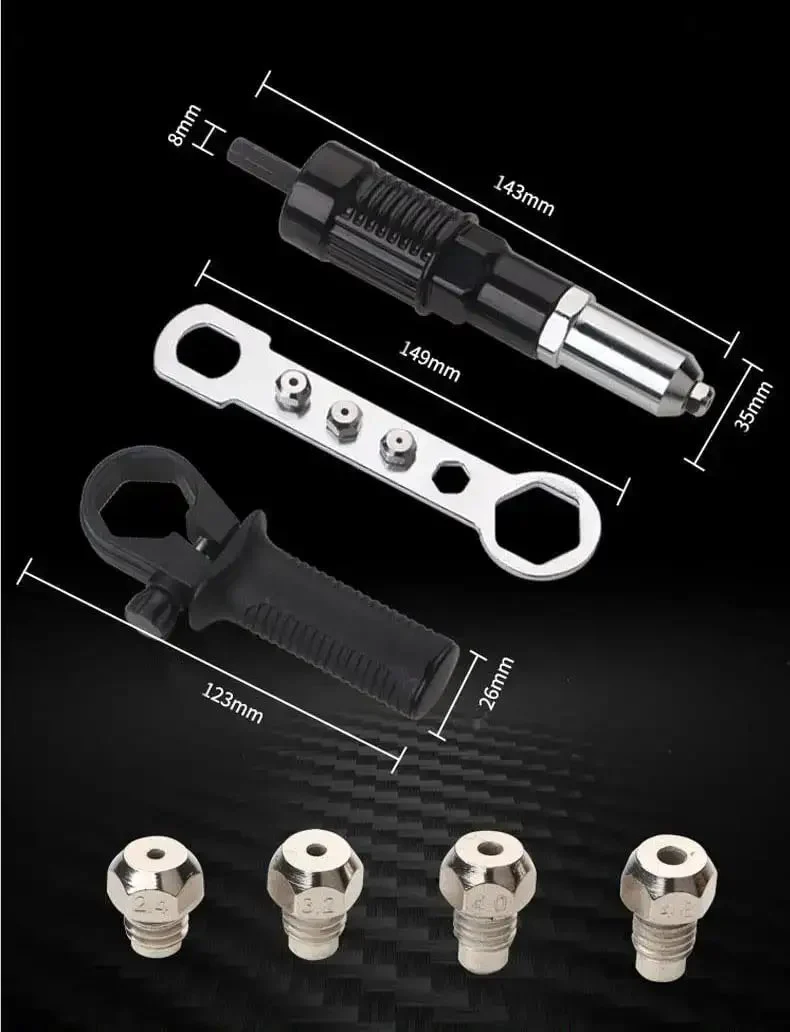 Rivet Gun Adapter Kit With Handle Grip Riveter Drill Attachment For Cordless Electric Drills Fast Riveting Tool With Insert Nut Durable Alloy Steel Gun Head Three Claw Clamp For Heavy Duty Wear Resistant Labor Saving Operation - Image 5