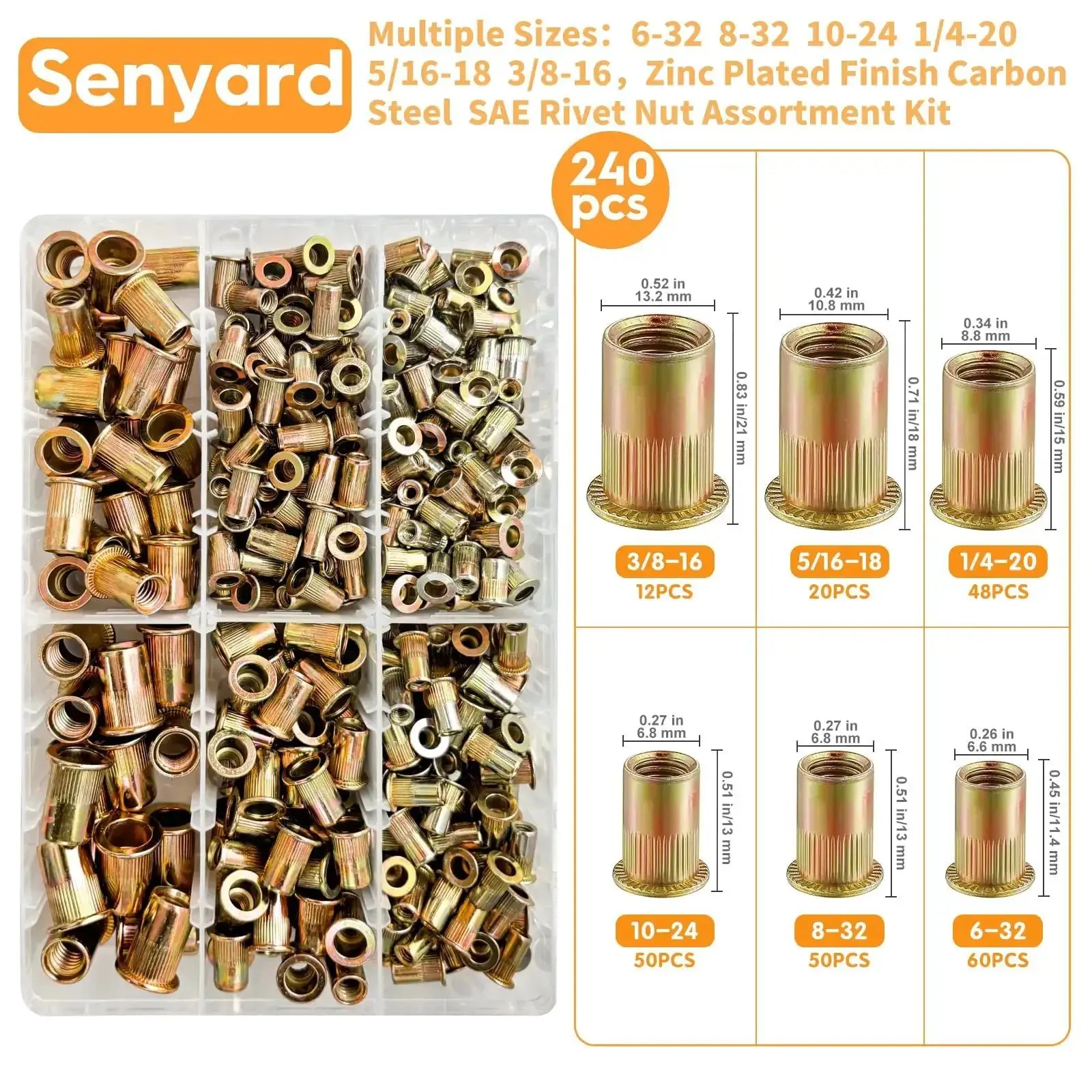 Rivet Nut Assortment Kit 240 Pcs Six Sizes 6-32 8-32 10-24 1/4-20 5/16-18 3/8-16 UNC Zinc Plated Carbon Steel Rivnuts For Auto DIY Repairs - Image 5
