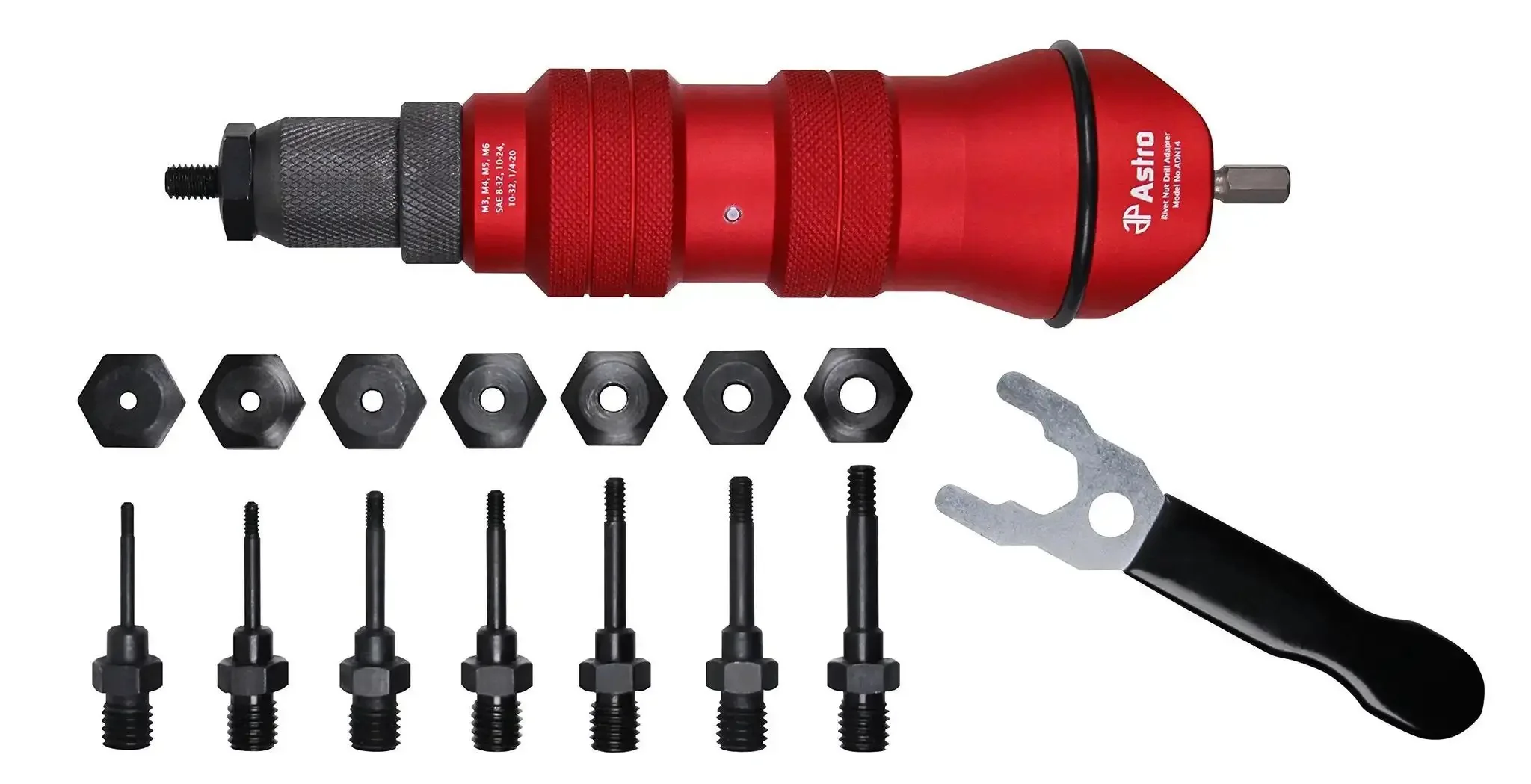 Rivet Nut Drill Adapter Kit Turns Any Drill Into A Power Rivet Nut Setter With 8 Mandrels And Nosepieces In Metric And SAE M3 M4 M5 M6 8-32 10-32 10-24 1/4-20 For Quick Low Wear Riveting