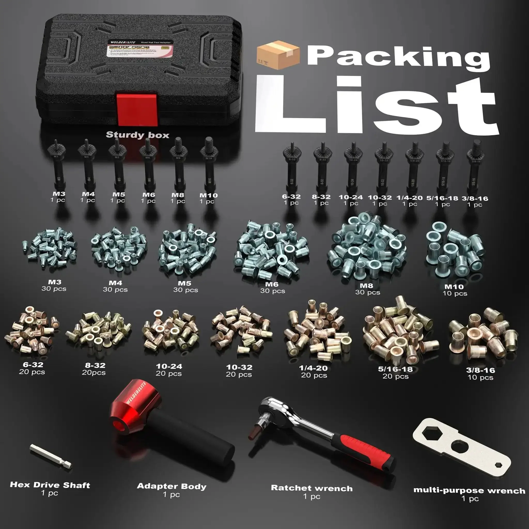 Rivet Nut Drill Adapter Kit With 290 Rivet Nuts And 13 Mandrels Converts Any Drill Into Quick Pro Grade Rivet Nut Insertion Includes Metric M3 M4 M5 M6 M8 M10 And Inch Sizes 4-32 8-32 10-24 10-32 1/4-20 - Image 7