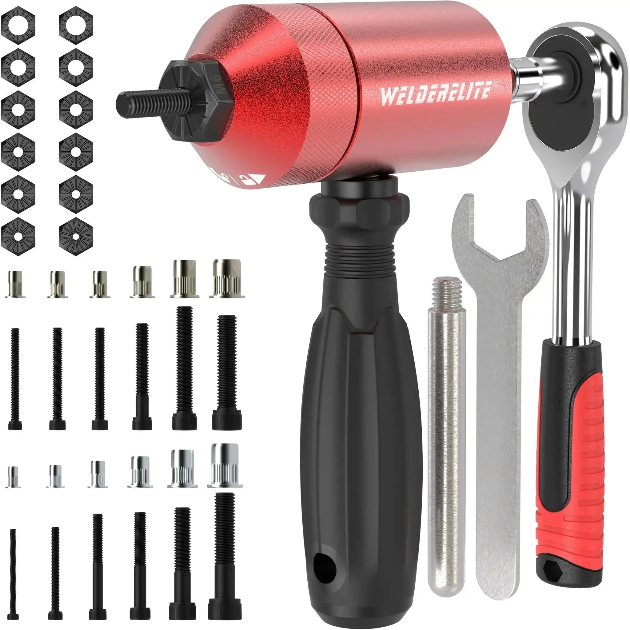 Rivet Nut Drill Adapter Kit With Dual Drive Modes Drill Or Ratchet For Fast Nutsert Installations Includes 270 Nuts And 36 Mandrels Red Finish Easy Cordless Drill Compatibility And Precise Torque Control