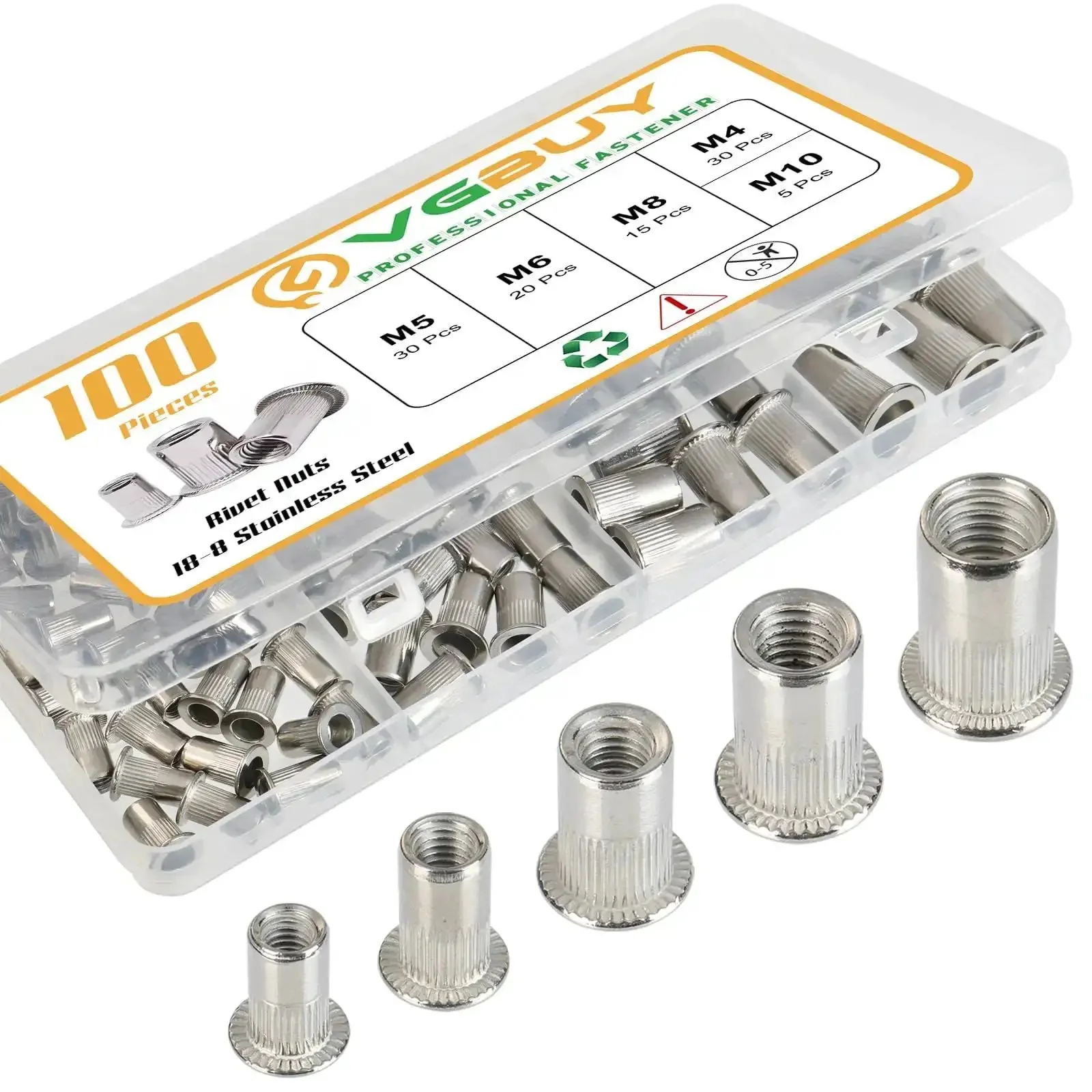 Rivet Nut Kit 100Pcs M4 M5 M6 M8 M10 Stainless Steel Pro Grade Rivet Nuts Assortment With Flat Head Knurled Body Threaded Insert Nuts For Auto Furniture Metalworking And DIY Projects