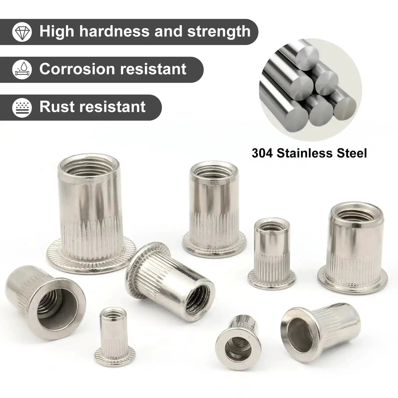 Rivet Nut Kit 100Pcs M4 M5 M6 M8 M10 Stainless Steel Pro Grade Rivet Nuts Assortment With Flat Head Knurled Body Threaded Insert Nuts For Auto Furniture Metalworking And DIY Projects - Image 5