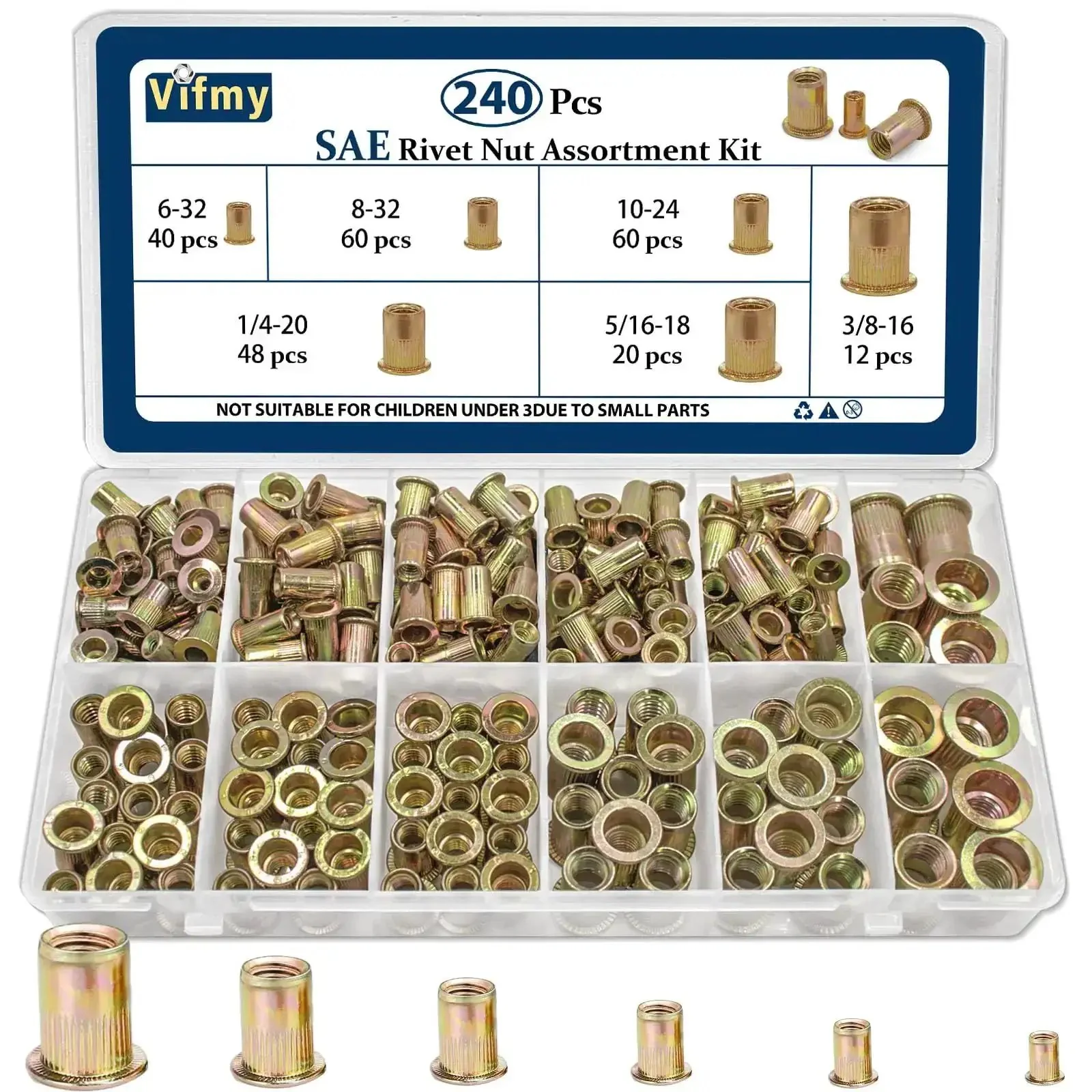 Rivet Nut Kit 240 Pcs Dope Six Size Set With 6-32 8-32 10-24 1/4-20 5/16-18 3/8-16 UNC Zinc Plated Carbon Steel Nutserts For DIY Projects Auto Repair And Heavy Duty Fastening