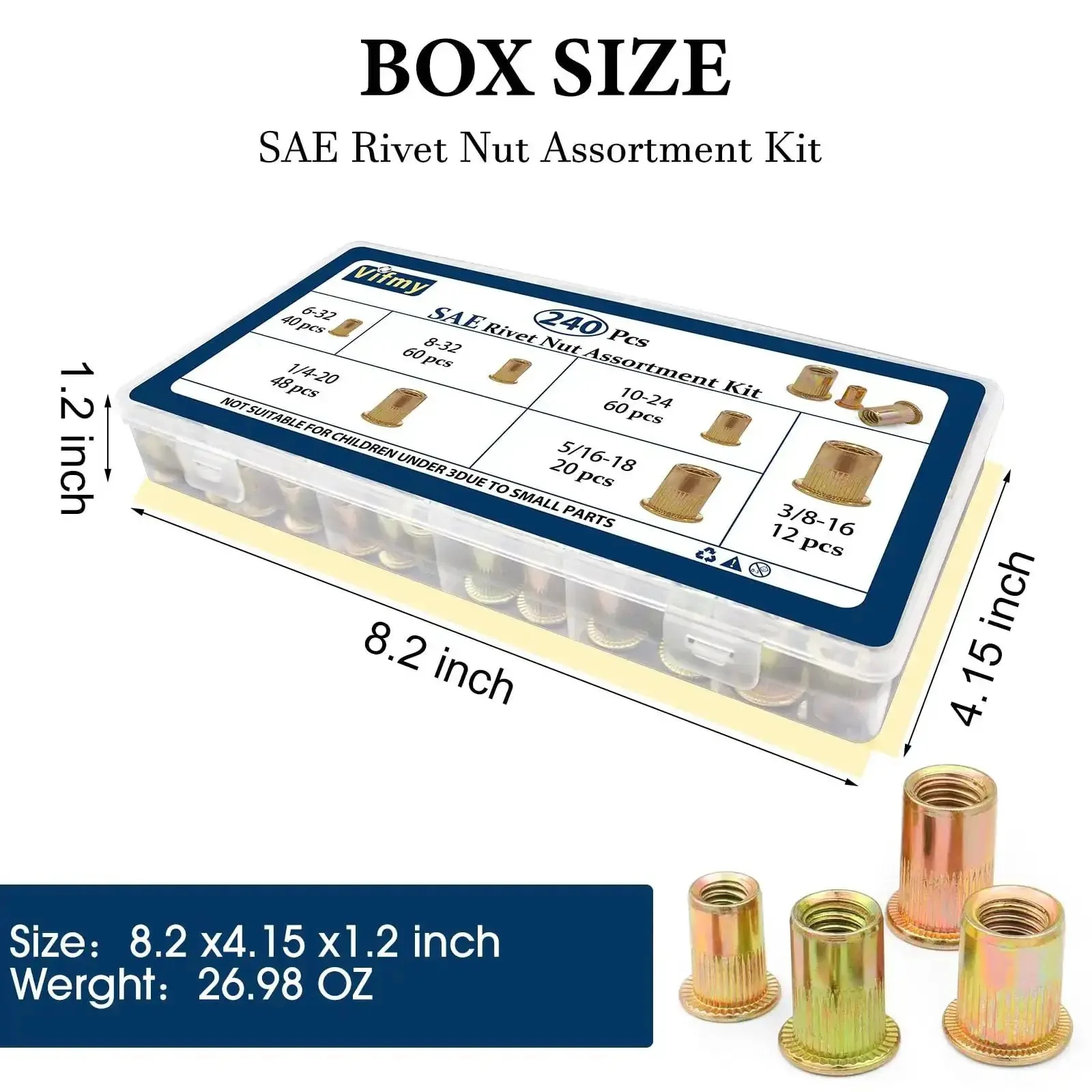 Rivet Nut Kit 240 Pcs Dope Six Size Set With 6-32 8-32 10-24 1/4-20 5/16-18 3/8-16 UNC Zinc Plated Carbon Steel Nutserts For DIY Projects Auto Repair And Heavy Duty Fastening - Image 4