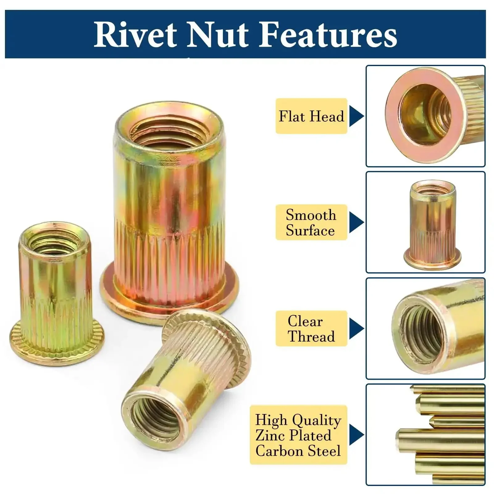 Rivet Nut Kit 240 Pcs Dope Six Size Set With 6-32 8-32 10-24 1/4-20 5/16-18 3/8-16 UNC Zinc Plated Carbon Steel Nutserts For DIY Projects Auto Repair And Heavy Duty Fastening - Image 7