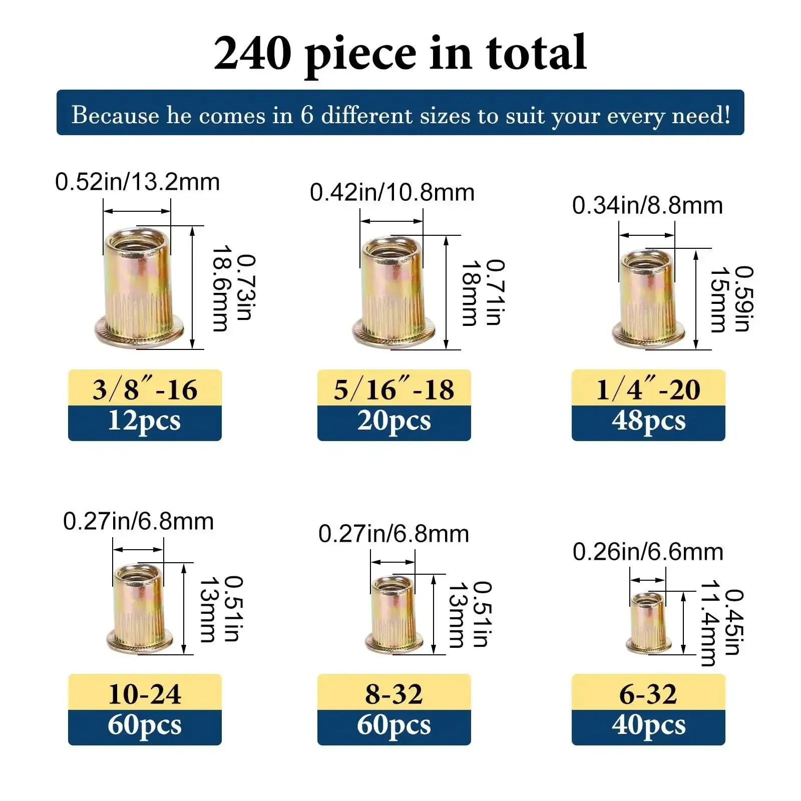 Rivet Nut Kit 240 Pcs Dope Six Size Set With 6-32 8-32 10-24 1/4-20 5/16-18 3/8-16 UNC Zinc Plated Carbon Steel Nutserts For DIY Projects Auto Repair And Heavy Duty Fastening - Image 8