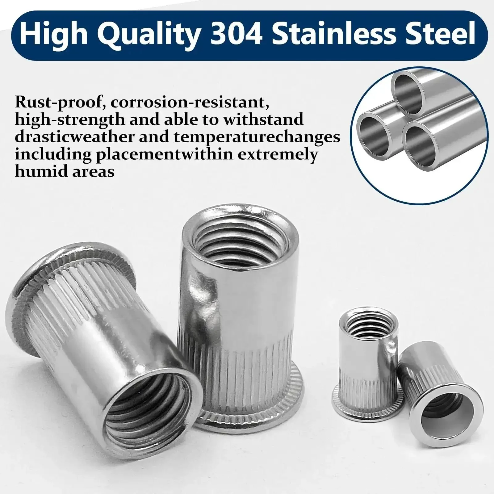 Rivet Nut Kit With 300 Pcs Metric And SAE Rivet Nuts M3 Through M12 And 8-32 Through 1/4-20 In 304 Stainless Flat Head Nutserts For DIY Gearheads Auto Repair Bikes And Home Projects - Image 3