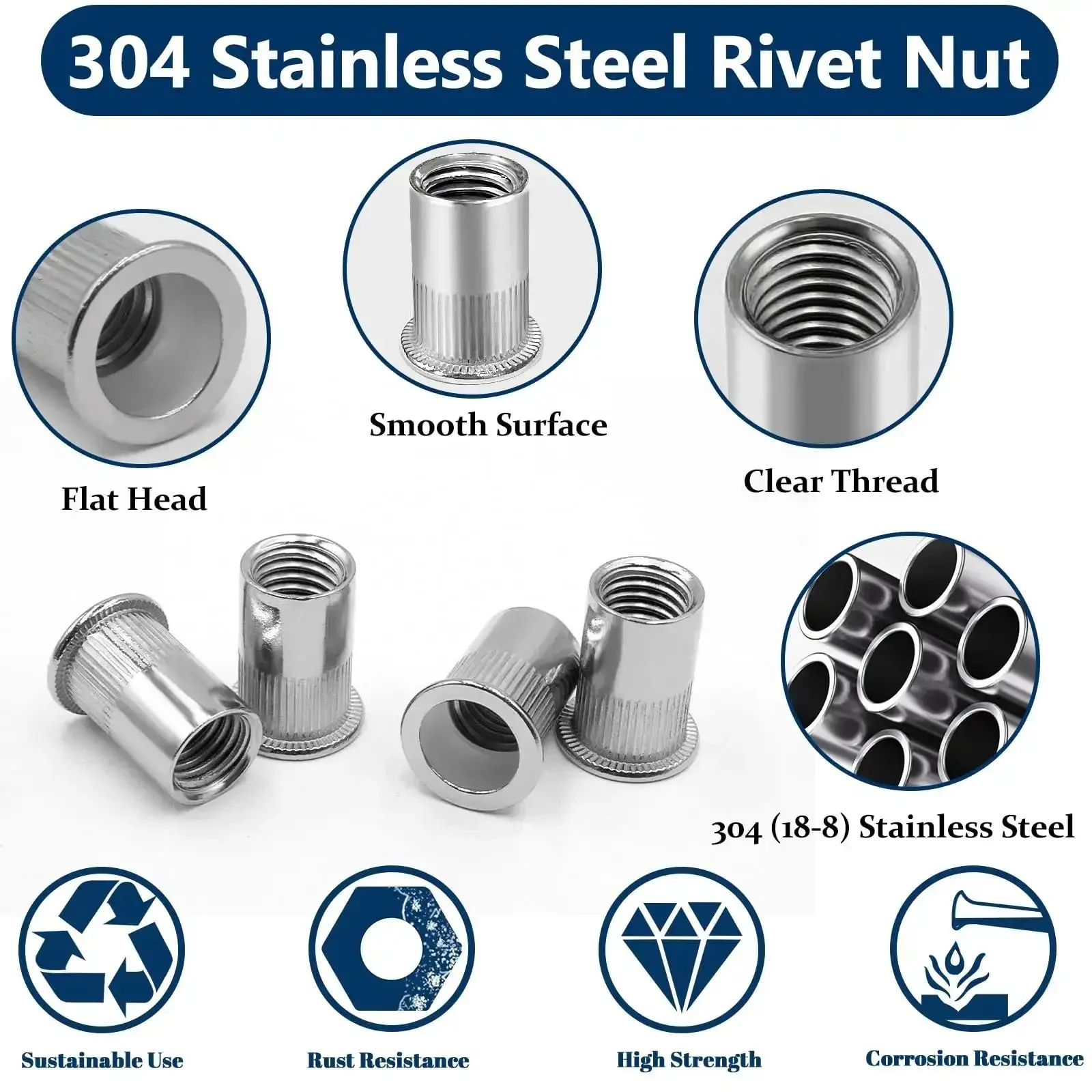 Rivet Nut Kit With 300 Pcs Metric And SAE Rivet Nuts M3 Through M12 And 8-32 Through 1/4-20 In 304 Stainless Flat Head Nutserts For DIY Gearheads Auto Repair Bikes And Home Projects - Image 4