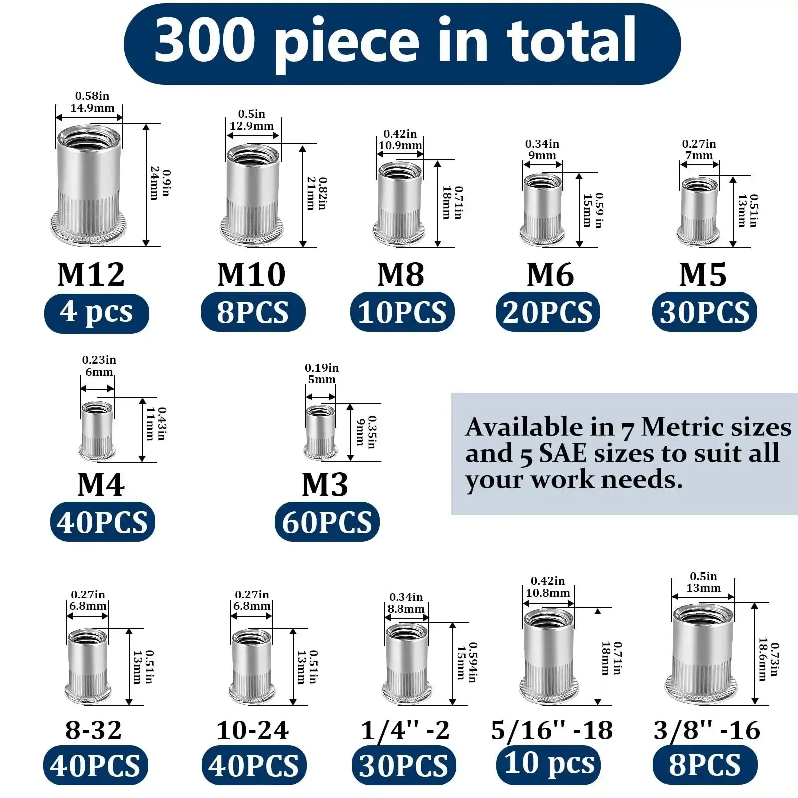 Rivet Nut Kit With 300 Pcs Metric And SAE Rivet Nuts M3 Through M12 And 8-32 Through 1/4-20 In 304 Stainless Flat Head Nutserts For DIY Gearheads Auto Repair Bikes And Home Projects - Image 8