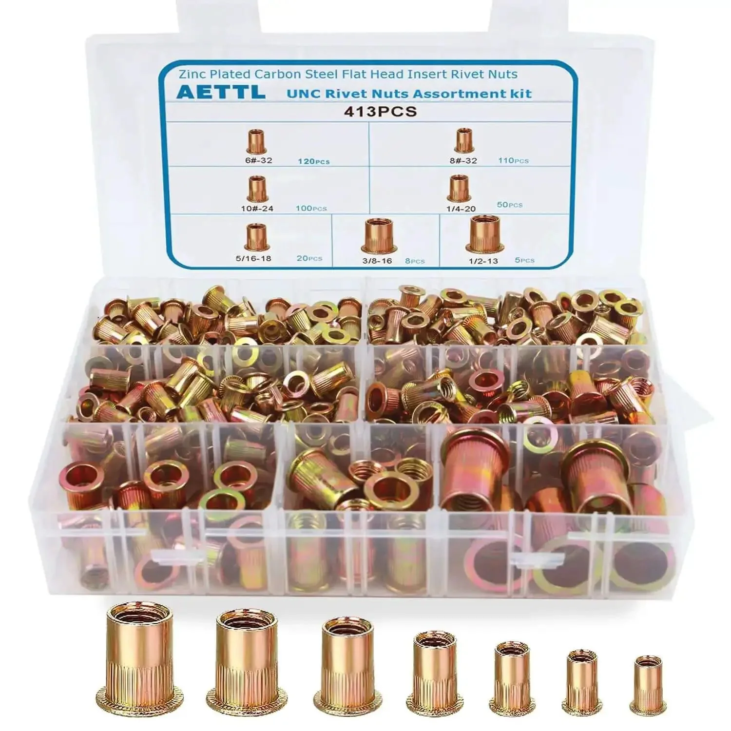 Rivet Nut Kit With 413-Piece SAE UNC Assortment In Zinc Plated Carbon Steel Flat Head Nuts For Auto And DIY Projects, Pro Grade Heavy Duty, Sizes 6-32, 8-32, 10-24, 1/4-20, 5/16-18, 3/8-16, 1/2-13 In Durable Case