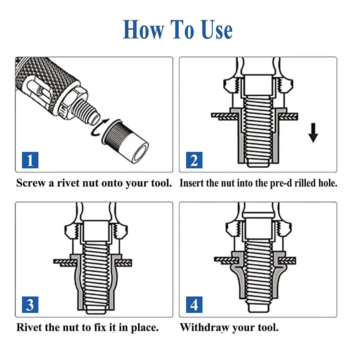 Rivet Nut Kit With 413-Piece SAE UNC Assortment In Zinc Plated Carbon Steel Flat Head Nuts For Auto And DIY Projects, Pro Grade Heavy Duty, Sizes 6-32, 8-32, 10-24, 1/4-20, 5/16-18, 3/8-16, 1/2-13 In Durable Case - Image 4