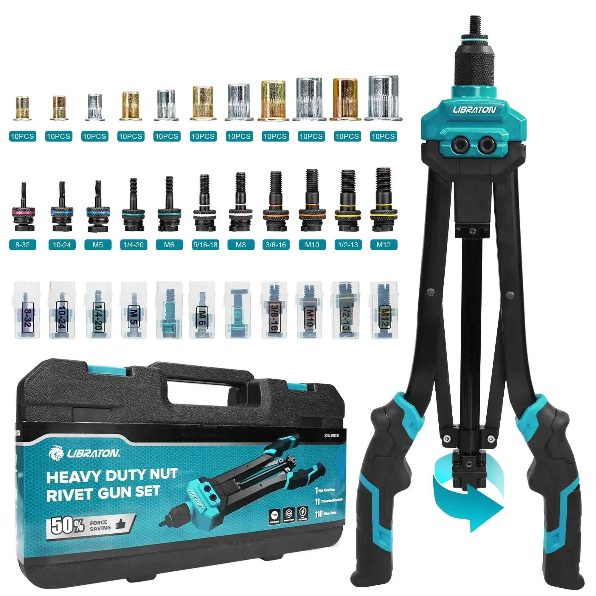 Rivet Nut Tool Kit 16 Inch Hand Rivnut Kit With 11 Interchangeable Mandrels And 110 Rivet Nuts Carrying Case Auto Release Nut Design Built Tough For Auto Marine Bike And Sheet Metal Projects