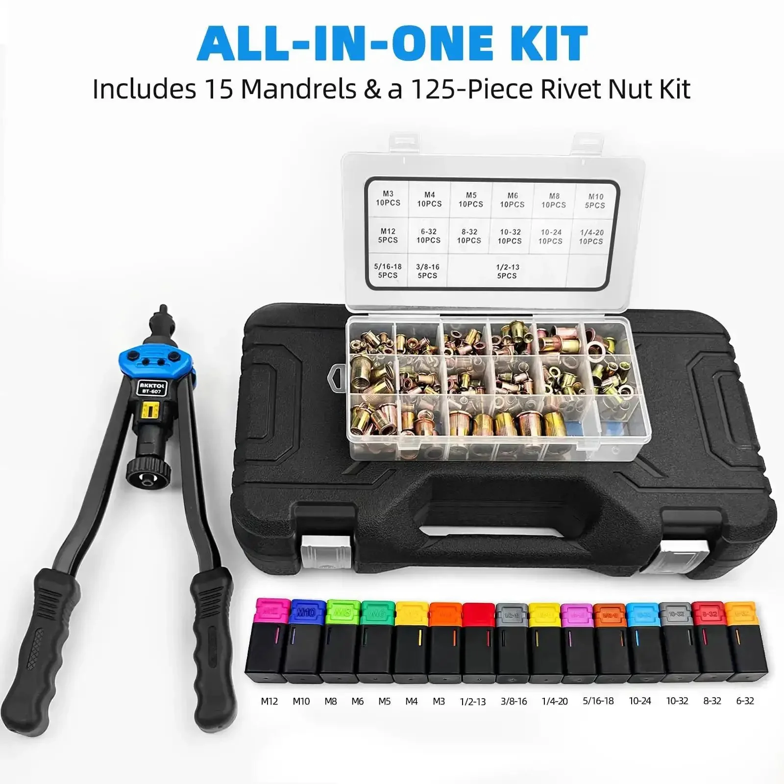 Rivet Nut Tool Kit 16 Inch Set With 15 Metric And SAE Mandrels, 125 Piece Rivet Nut Assortment, Rugged Carrying Case, Pro Grade Built For Sheet Metal And Auto Projects - Image 6