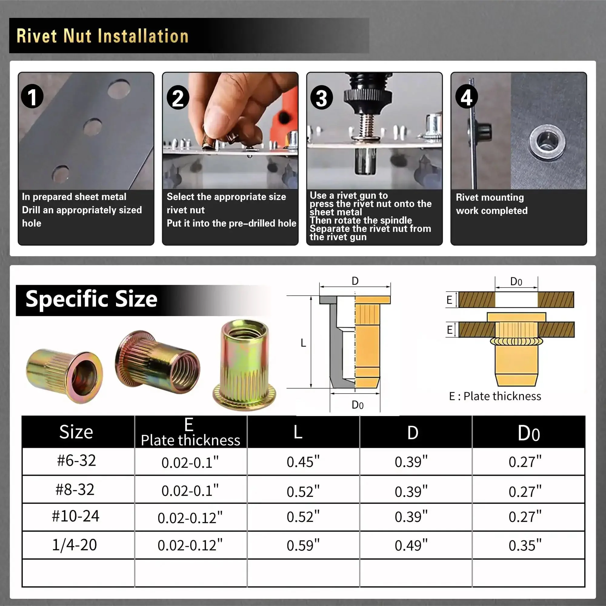 Rivet Nut Tool Kit 500-Piece Set With Manual Tool Includes 1/4-20, 10-24, 8-32, 6-32 Rivet Nuts For Furniture Auto Marine DIY-Ready Projects And Industrial Use - Image 3