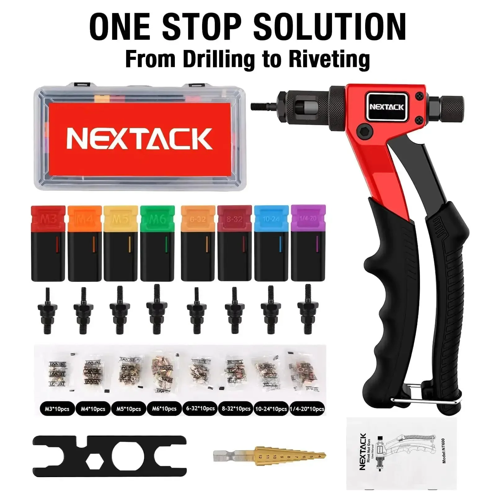 Rivet Nut Tool Kit Right Angle 8 Inch Built For Tight Spaces With Step Drill Bit And 80 Nutsets, Includes Eight Mandrels For Six Thirty Two, Eight Thirty Two, Ten Twenty Four, One Quarter Twenty, M Three To M Six, In Rugged Carrying Case NT600 - Image 2