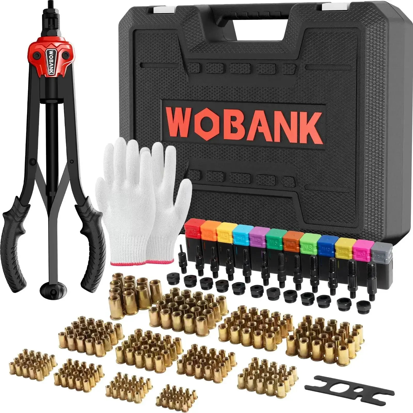 Rivet Nut Tool Kit With 16 Inch Heavy Duty Rivet Nut Tool 12 Mandrels Metric And SAE 230 Nuts Wrench Gloves Carrying Case Auto Release Nut Design For Automotive Construction And DIY Projects