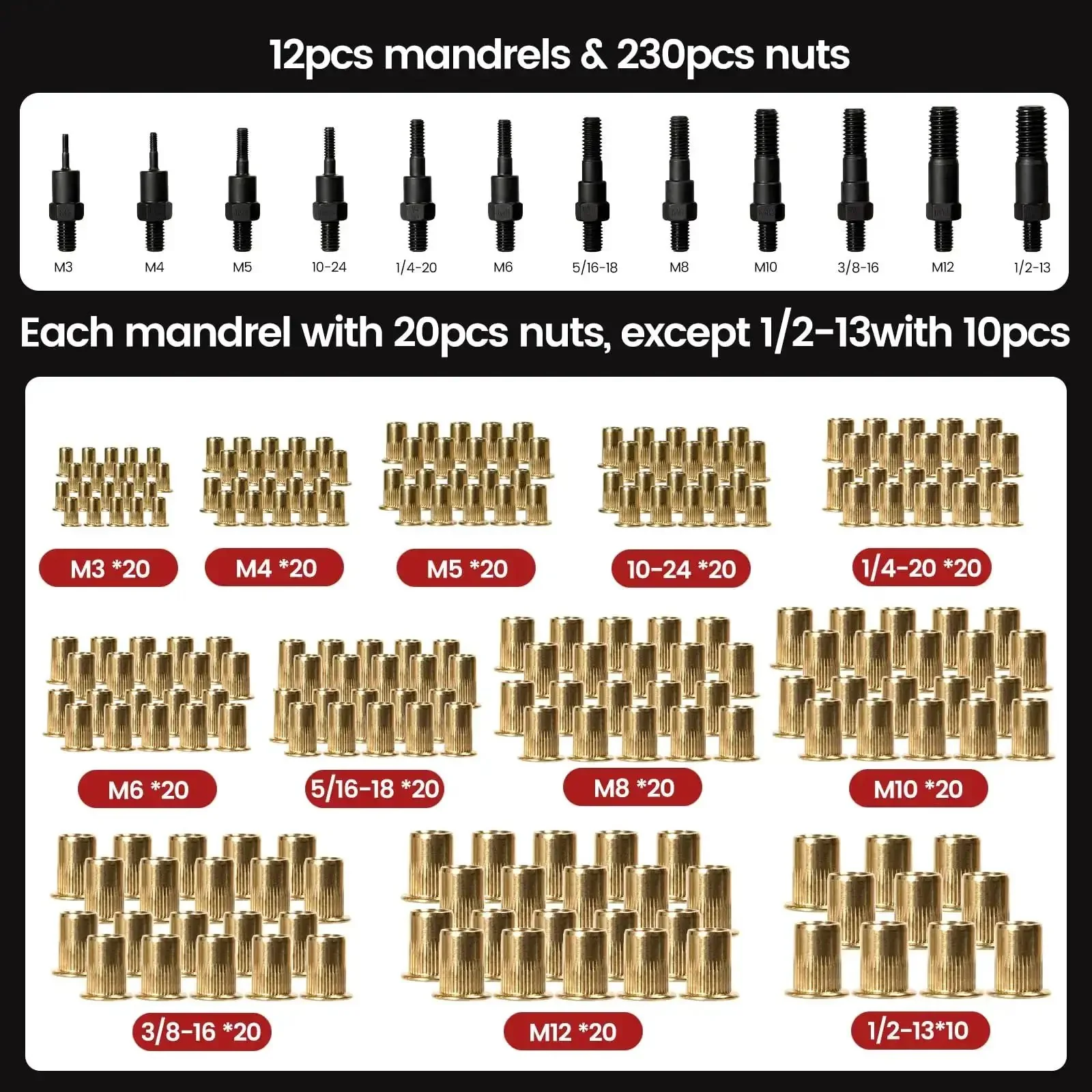 Rivet Nut Tool Kit With 16 Inch Heavy Duty Rivet Nut Tool 12 Mandrels Metric And SAE 230 Nuts Wrench Gloves Carrying Case Auto Release Nut Design For Automotive Construction And DIY Projects - Image 9