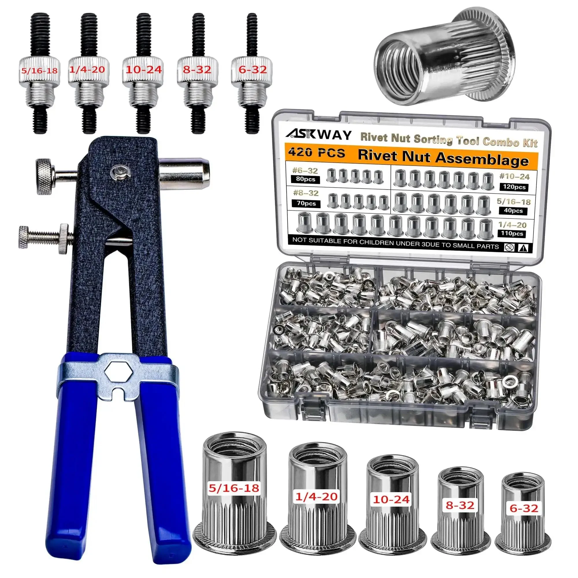 Rivet Nut Tool Kit With 420 Imperial Rivet Nuts In Sizes 6-32 8-32 10-24 1/4-20 And 5/16-18, Heavy Duty Rivnut Set For Furniture Automotive Marine And Industrial Projects, Manual Nutsert Tool For Quick, DIY Friendly, Durable Fastening