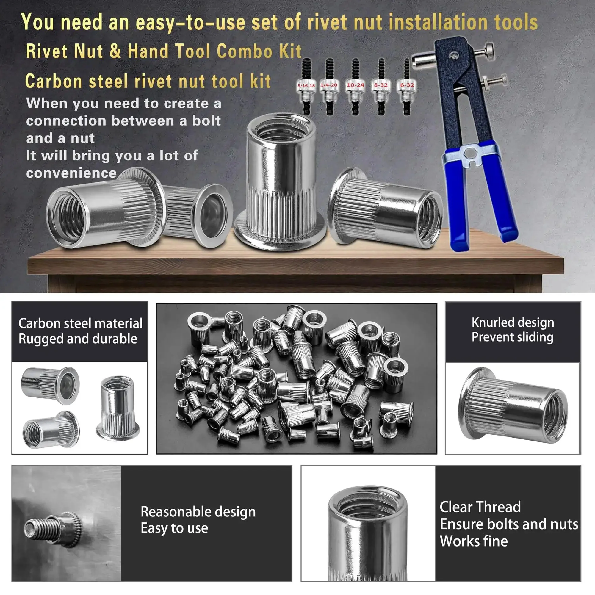 Rivet Nut Tool Kit With 420 Imperial Rivet Nuts In Sizes 6-32 8-32 10-24 1/4-20 And 5/16-18, Heavy Duty Rivnut Set For Furniture Automotive Marine And Industrial Projects, Manual Nutsert Tool For Quick, DIY Friendly, Durable Fastening - Image 3